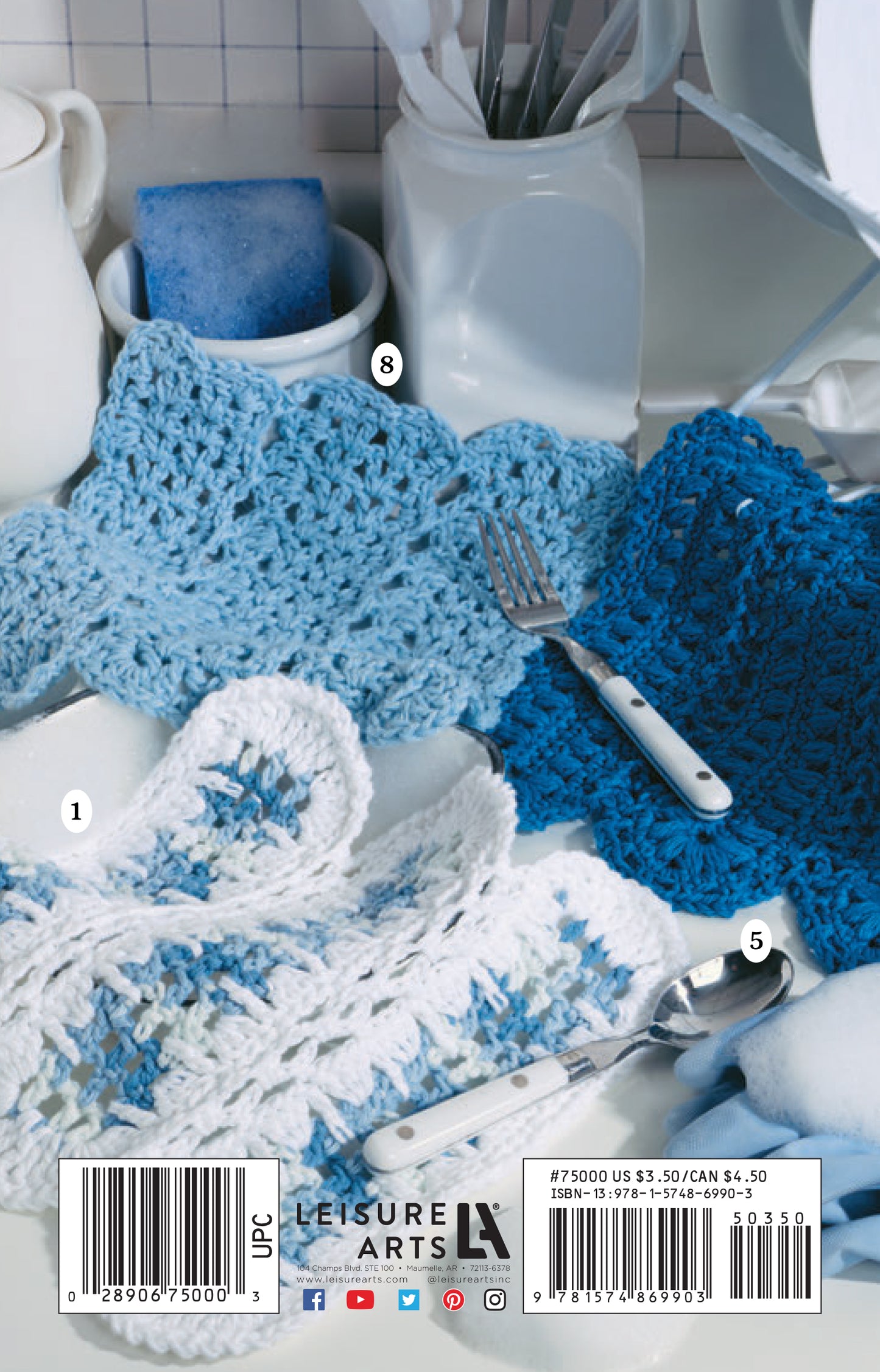 Dishcloths by the Dozen by Leisure Arts are shown in blue and white on a kitchen counter with utensils, a mug, and a sponge. Perfect as beginner projects or inspiration for new crochet patterns.
