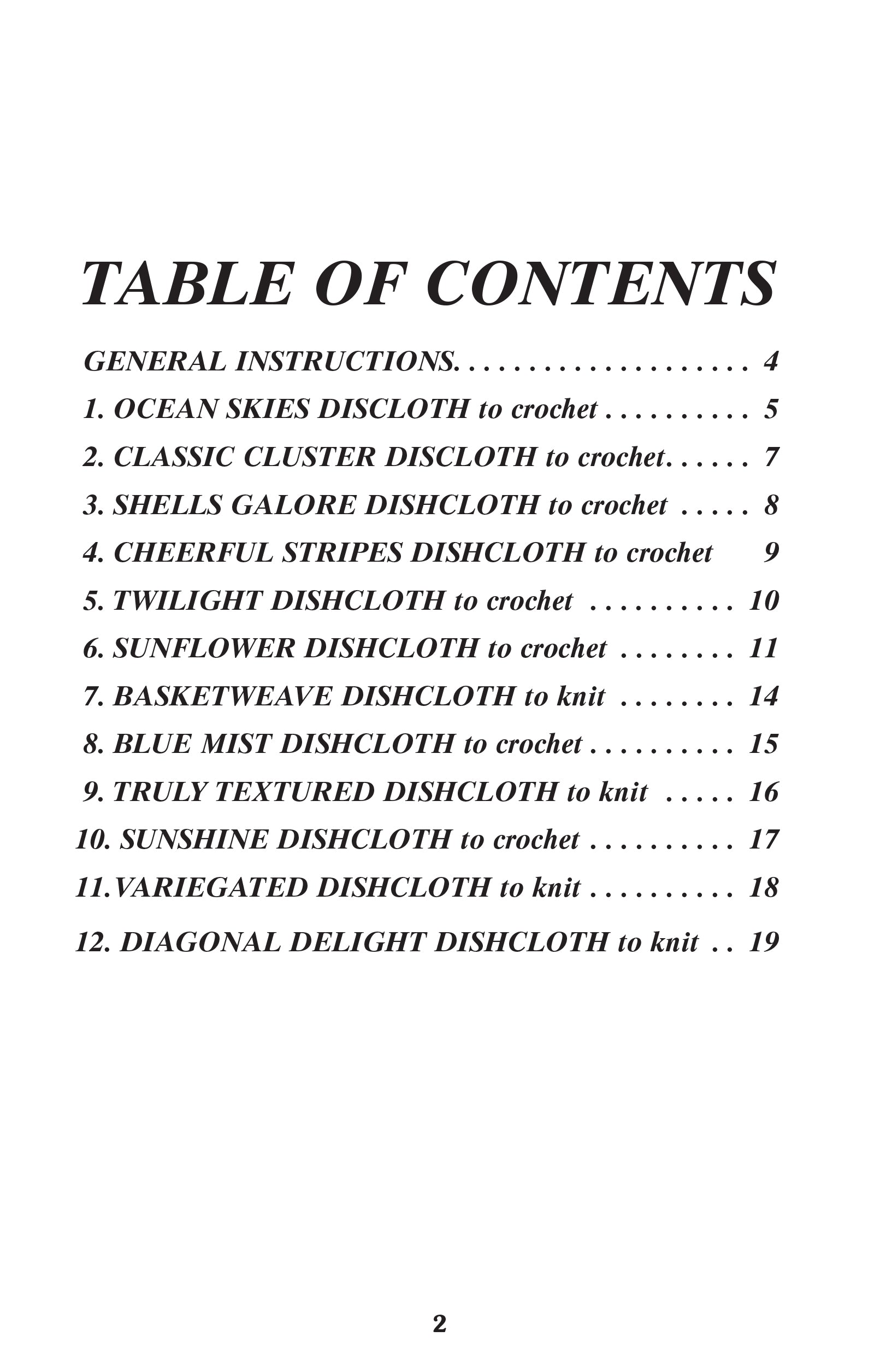 Table of contents for "Dishcloths by the Dozen" from Leisure Arts, featuring 12 beginner knitting and crochet patterns—such as Ocean Skies, Classic Cluster, Basketweave, and Variegated Dishcloths—with page numbers.