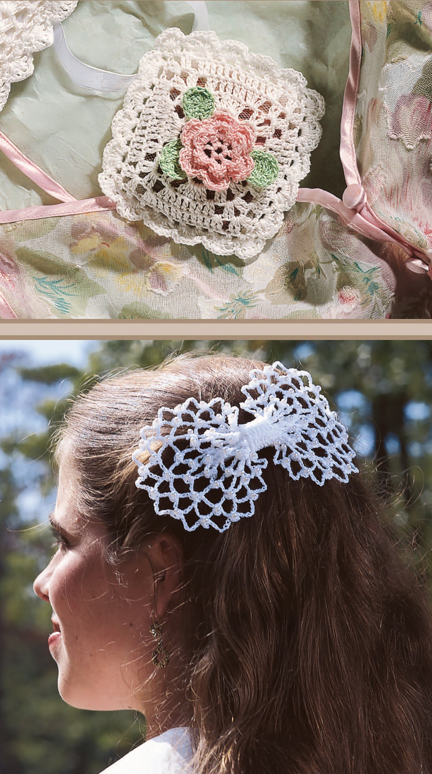 Discover "Thread Crochet—A Beginner's Guide to 9 Projects" by Leisure Arts: patterns include a floral square doily and heirloom hair accessories like a lacy white bow, all perfect for beginners. Digital download available.