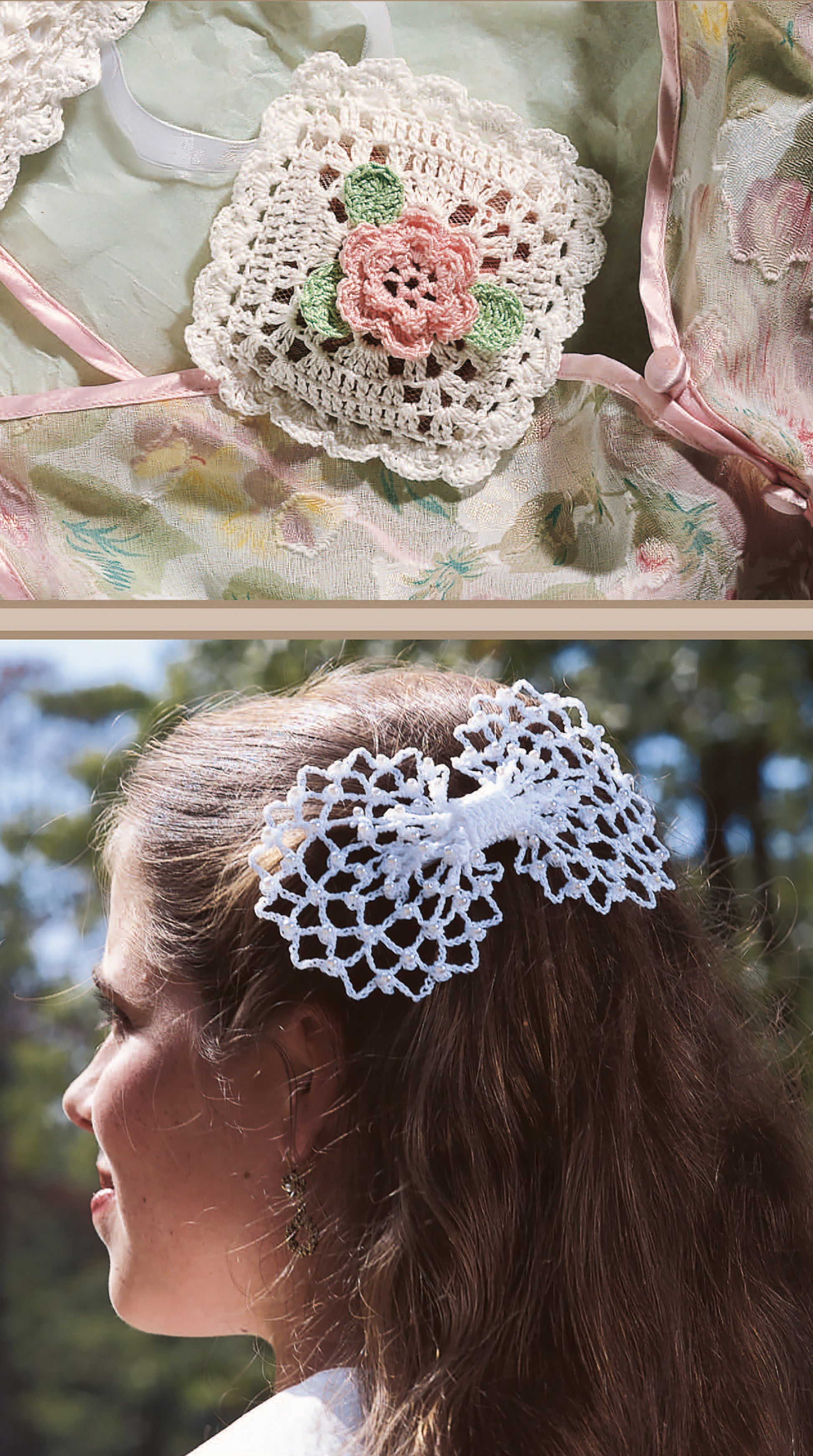 Discover "Thread Crochet—A Beginner's Guide to 9 Projects" by Leisure Arts: patterns include a floral square doily and heirloom hair accessories like a lacy white bow, all perfect for beginners. Digital download available.