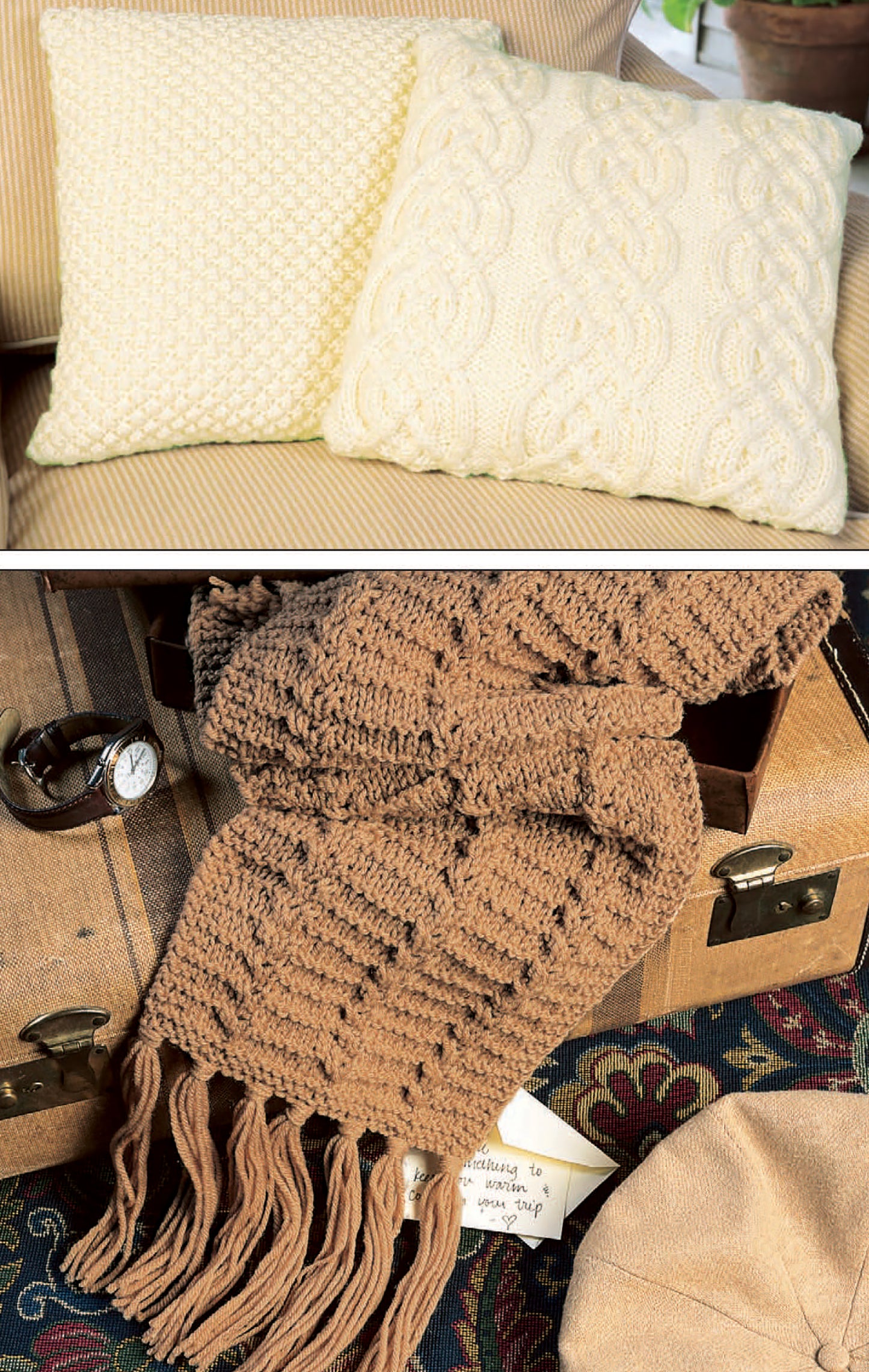 Two cream-knit pillows sit on a couch beside vintage suitcases draped with a brown fringed scarf—an inviting scene inspired by the Beginner's Guide Knit Stitches & Easy Projects from Leisure Arts, perfect for beginner knitters.