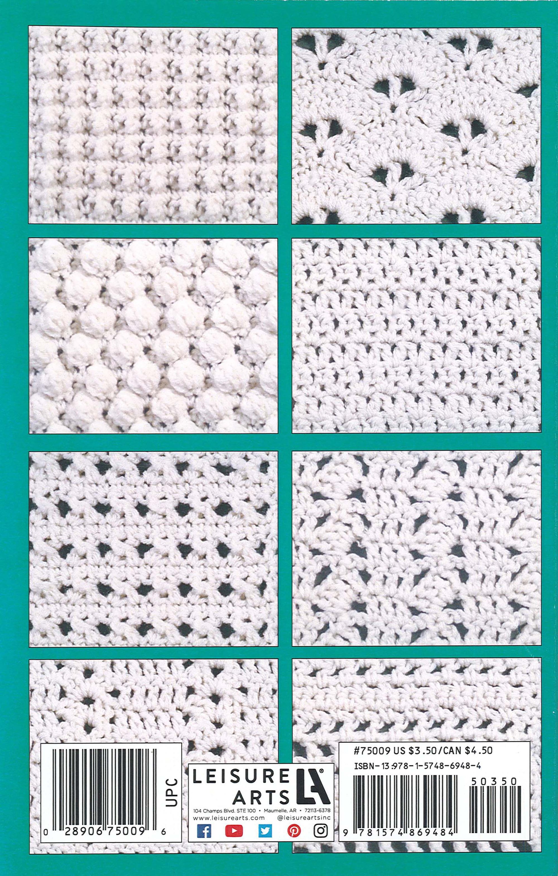 A grid of eight panels displays unique white crochet stitch patterns on teal, from the "19 Crochet Stitches & Easy Projects Digital Download" by Leisure Arts. Barcodes, pricing, and publisher info appear at the bottom—perfect for beginners.