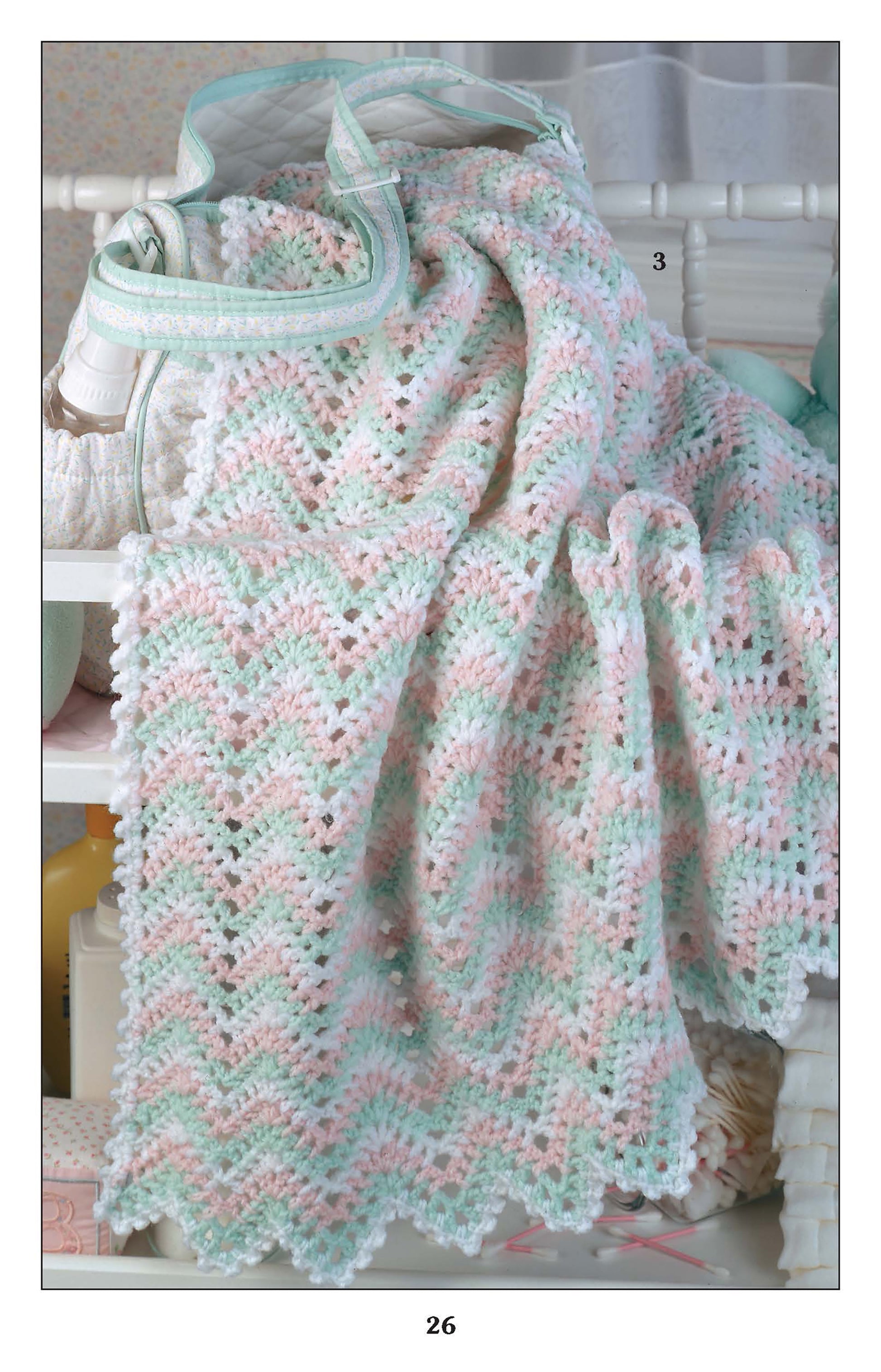 The Leisure Arts Ripples for Baby to Crochet features soft, pastel zigzag blankets in pink, green, and white—ideal inspiration for your next ripple afghan or baby crochet pattern project.