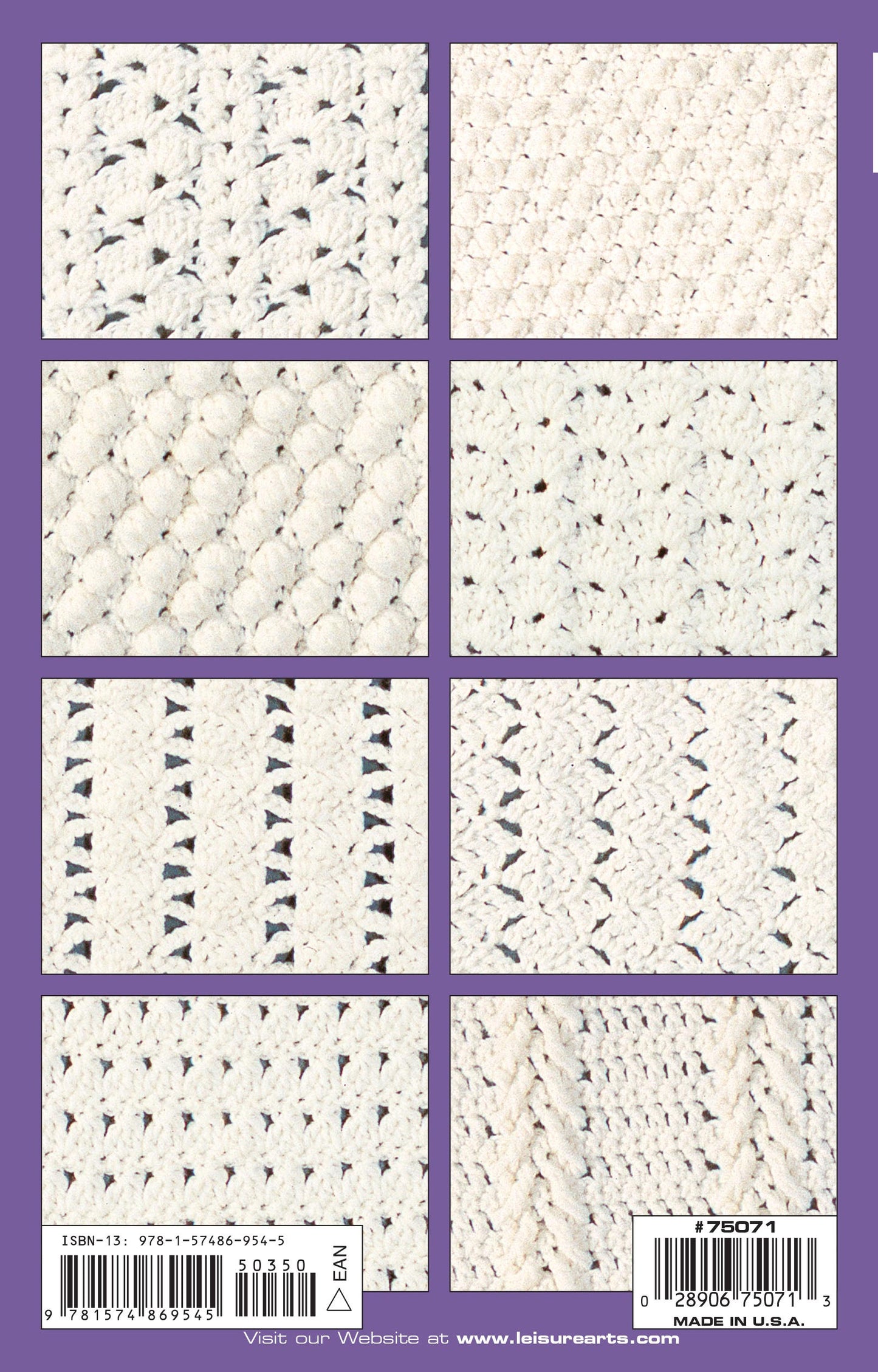 A grid of nine off-white crochet stitch patterns is shown on a purple background for "30 Easy-To-Crochet Stitches Digital Download" by Leisure Arts, perfect for beginners. Barcode and book info are featured at the bottom.