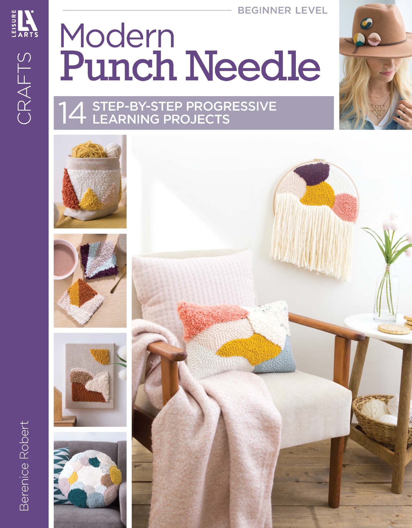 Cover of "Modern Punch Needle" by Leisure Arts, showing colorful beginner punch needle projects like pillows and wall hangings arranged on a chair and wall, with the book’s title and author at the top.