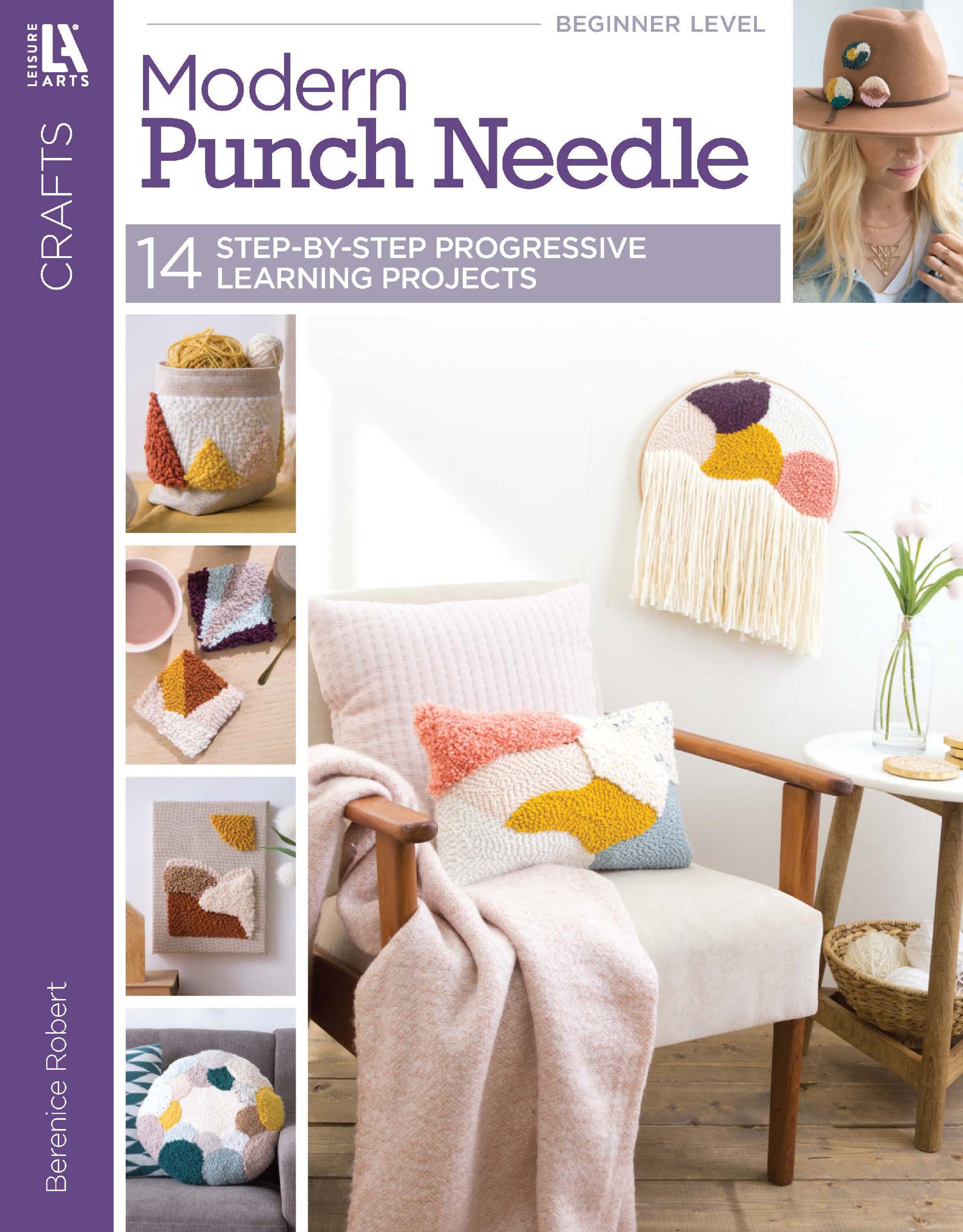 Cover of "Modern Punch Needle" by Leisure Arts, showing colorful beginner punch needle projects like pillows and wall hangings arranged on a chair and wall, with the book’s title and author at the top.
