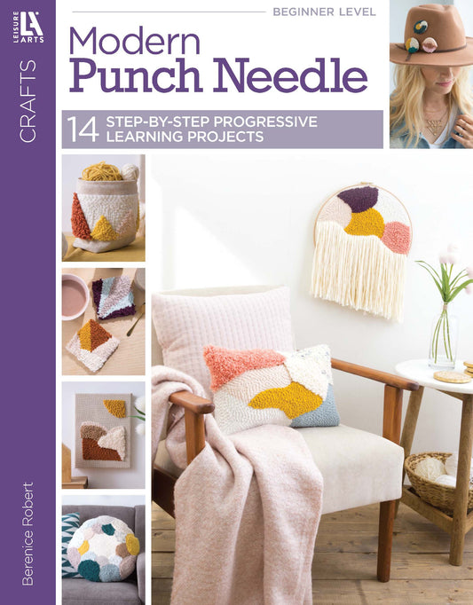 Cover of "Modern Punch Needle" by Leisure Arts, showing colorful beginner punch needle projects like pillows and wall hangings arranged on a chair and wall, with the book’s title and author at the top.