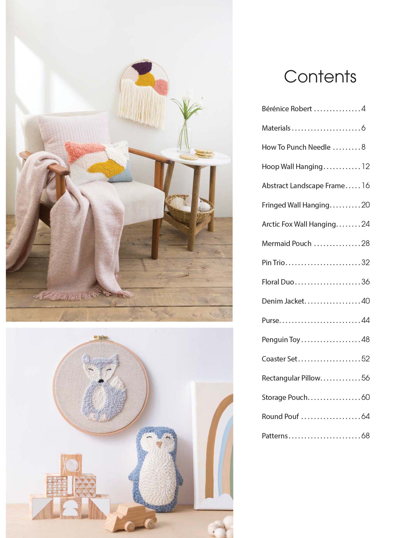 A cozy chair with a pink blanket and bright pillows sits by a small table with the Leisure Arts Modern Punch Needle yarn and a plant. Above, modern wall décor hangs; below, owl embroidery hoops and a pouch are displayed.