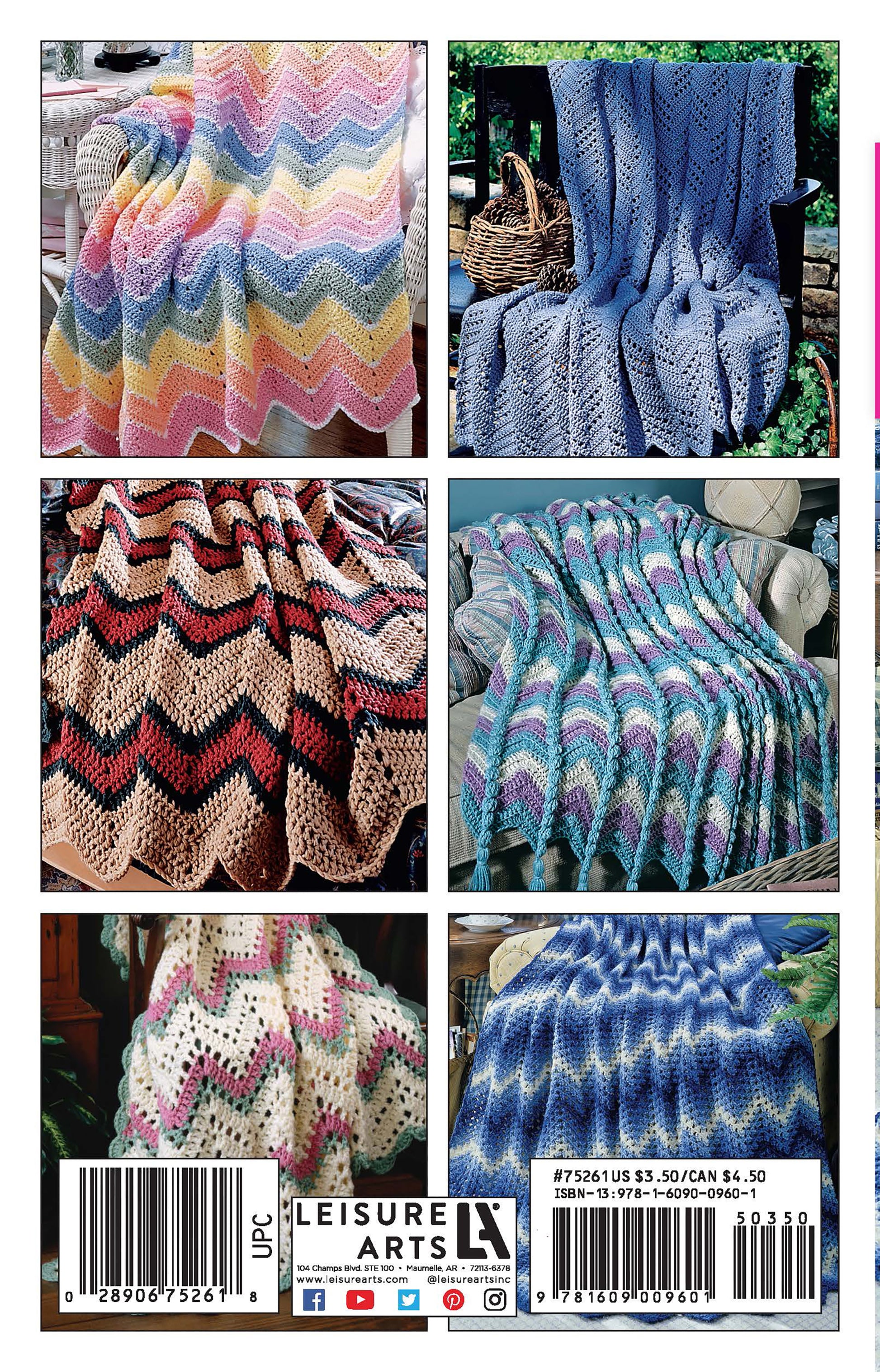 Six ripple afghans in pastel, earthy, and bold colors drape furniture, each with unique crochet designs. Two barcodes and the Leisure Arts logo appear below—inspiration from the Beginner's Guide Ripple Afghans Digital Download by Leisure Arts.