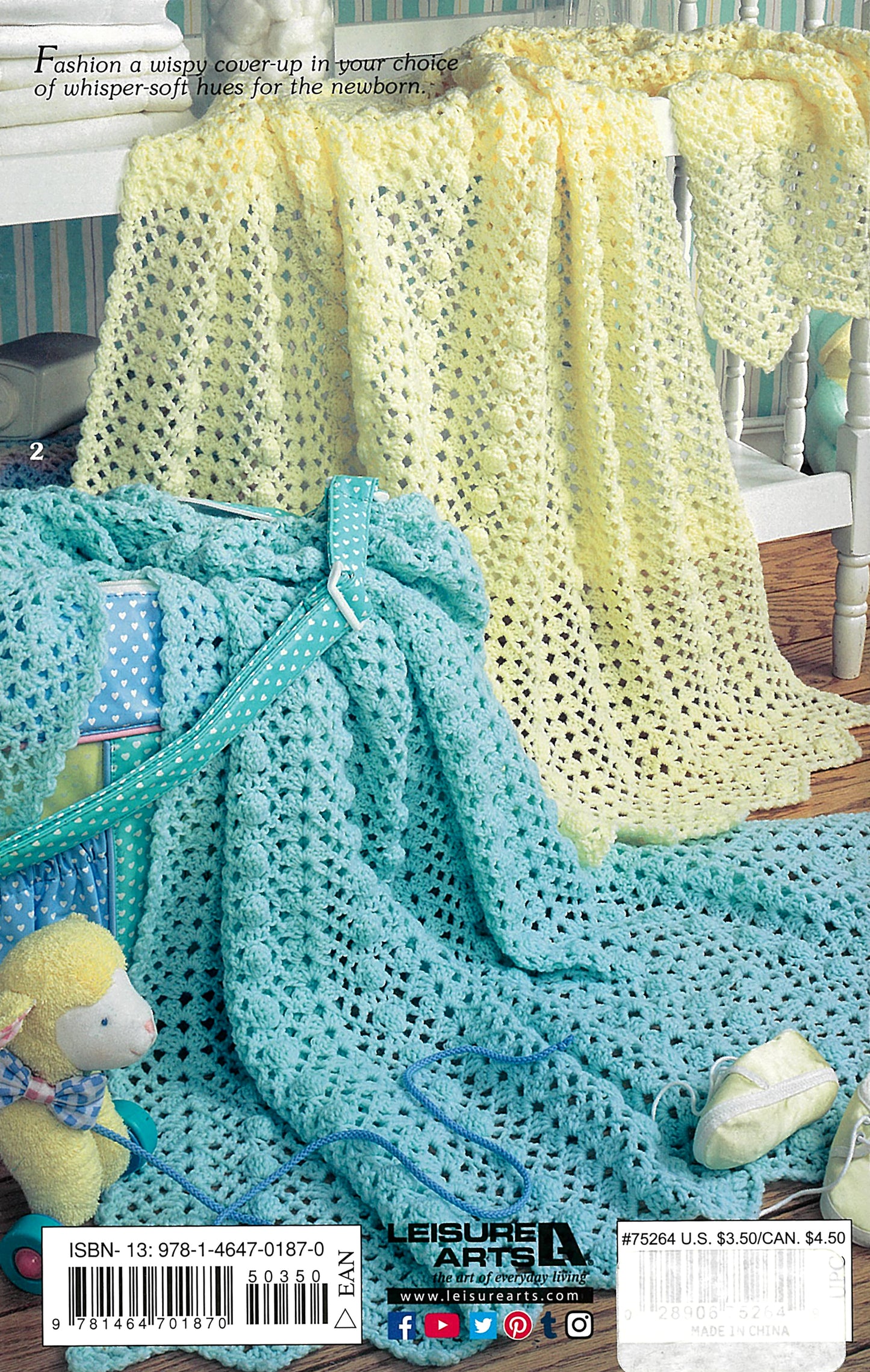 Two crochet baby blankets from Leisure Arts' "Beginner's Guide Ripples For Baby," one yellow and one light blue, drape over a white crib with a blue stuffed lamb and pacifier nearby, creating a cozy nursery perfect for beginner crochet projects.