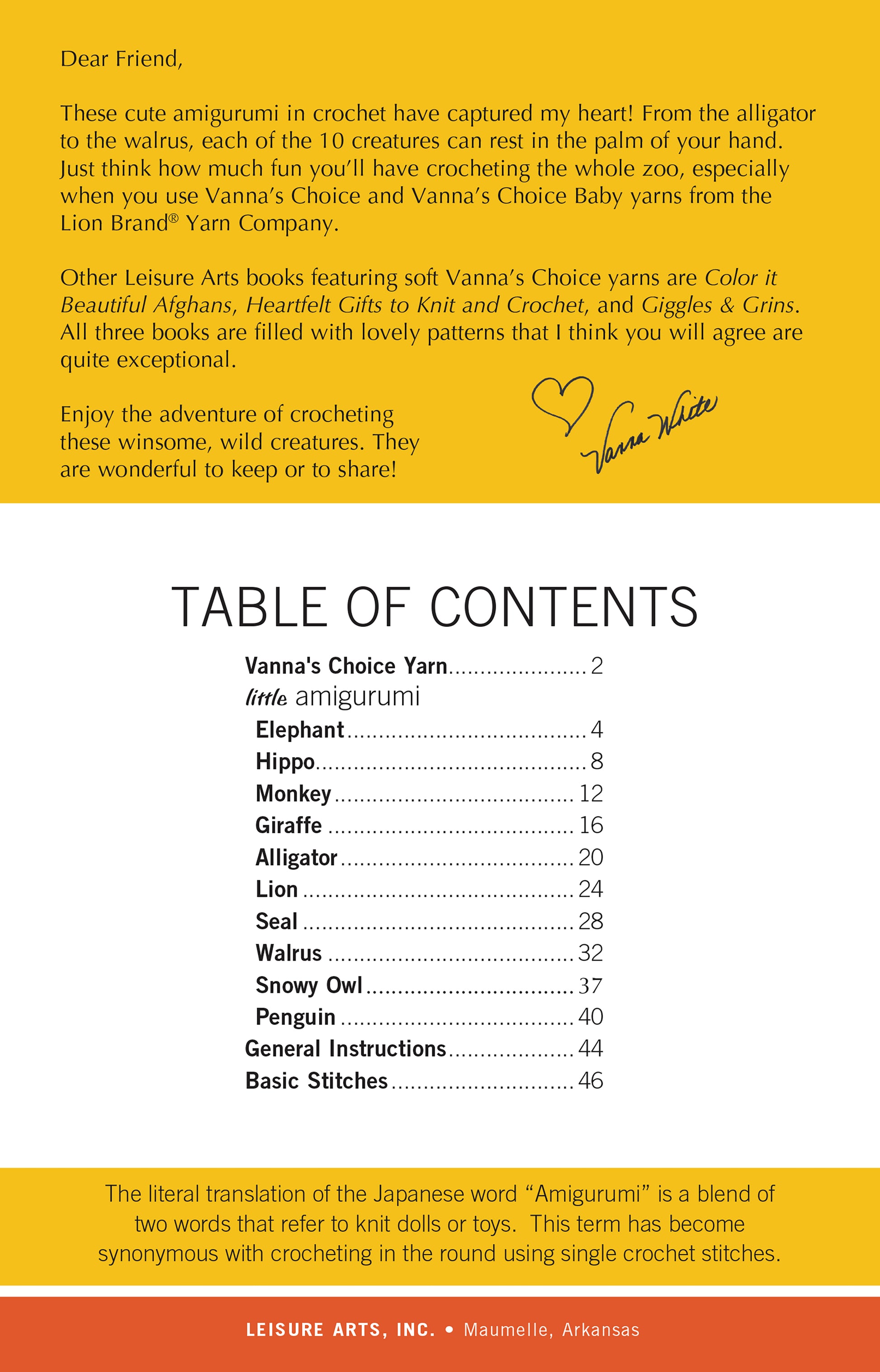 Vanna's Easy Crochet Critters by Leisure Arts features beginner-friendly amigurumi crochet tips, a table of animal patterns and basics, all set on a yellow and white background with Vanna White’s signature at the top.