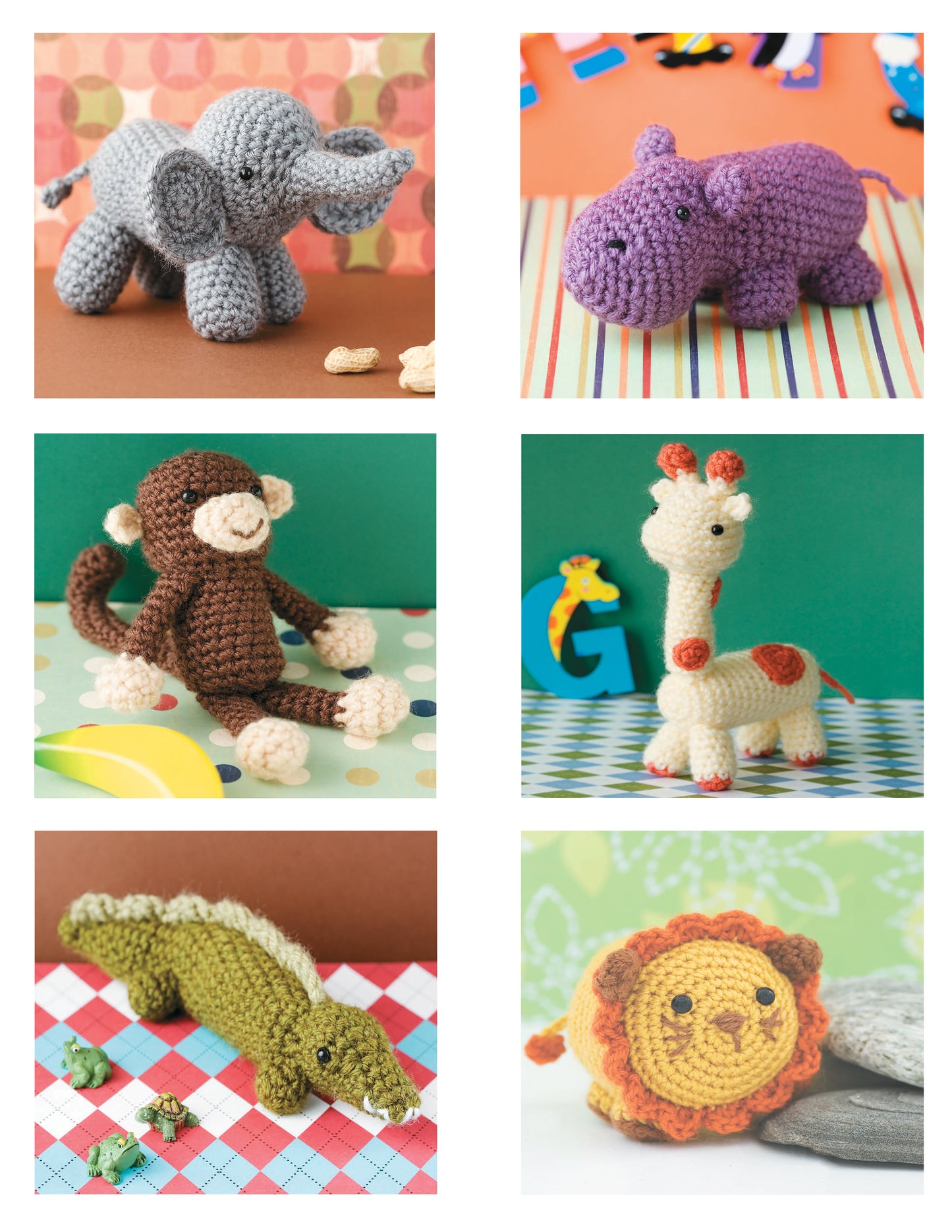 Vanna's Easy Crochet Critters by Leisure Arts features six beginner-friendly crocheted animal toys—elephant, purple hippo, monkey, giraffe, green alligator, and lion—each displayed against vibrant patterned backgrounds.