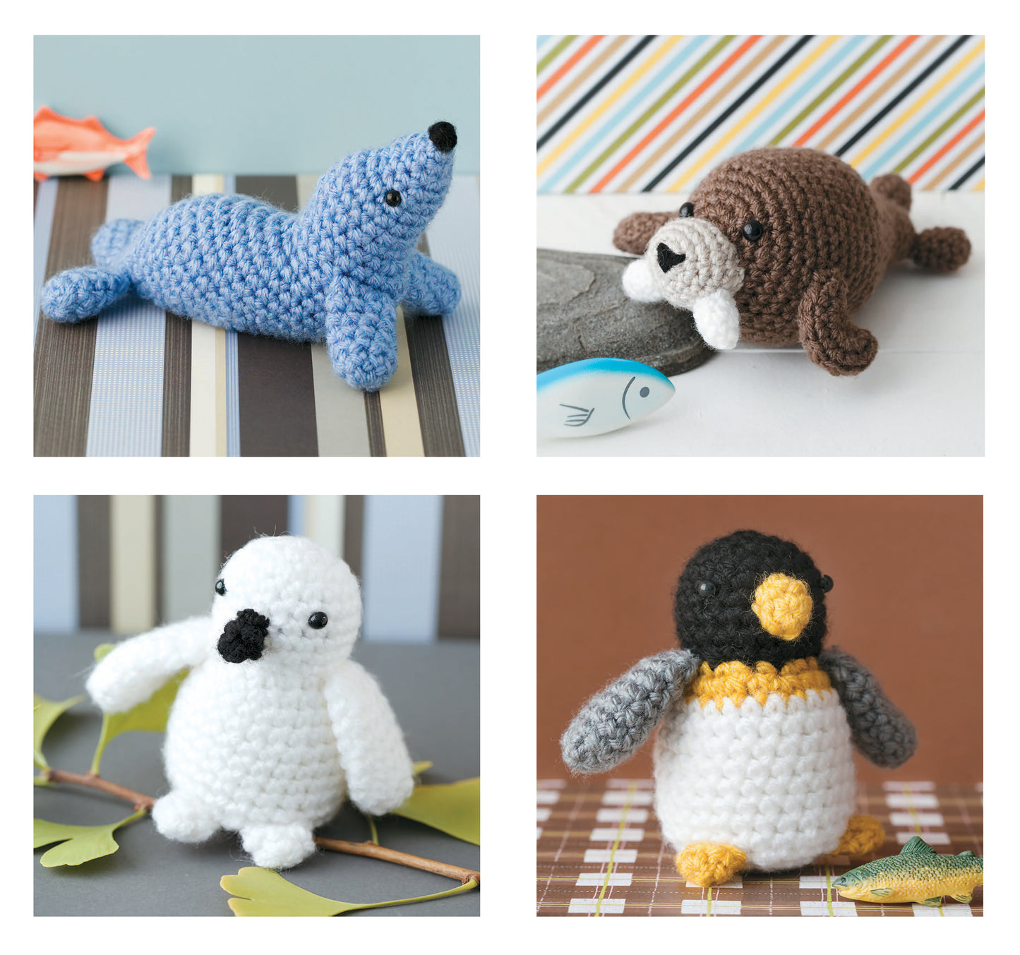 Four amigurumi crochet animals—a blue seal, brown walrus, white bird with a black beak, and a black, white & yellow penguin—made from Vanna’s Easy Crochet Critters by Leisure Arts are shown against patterned or simple backgrounds. Great for beginners.