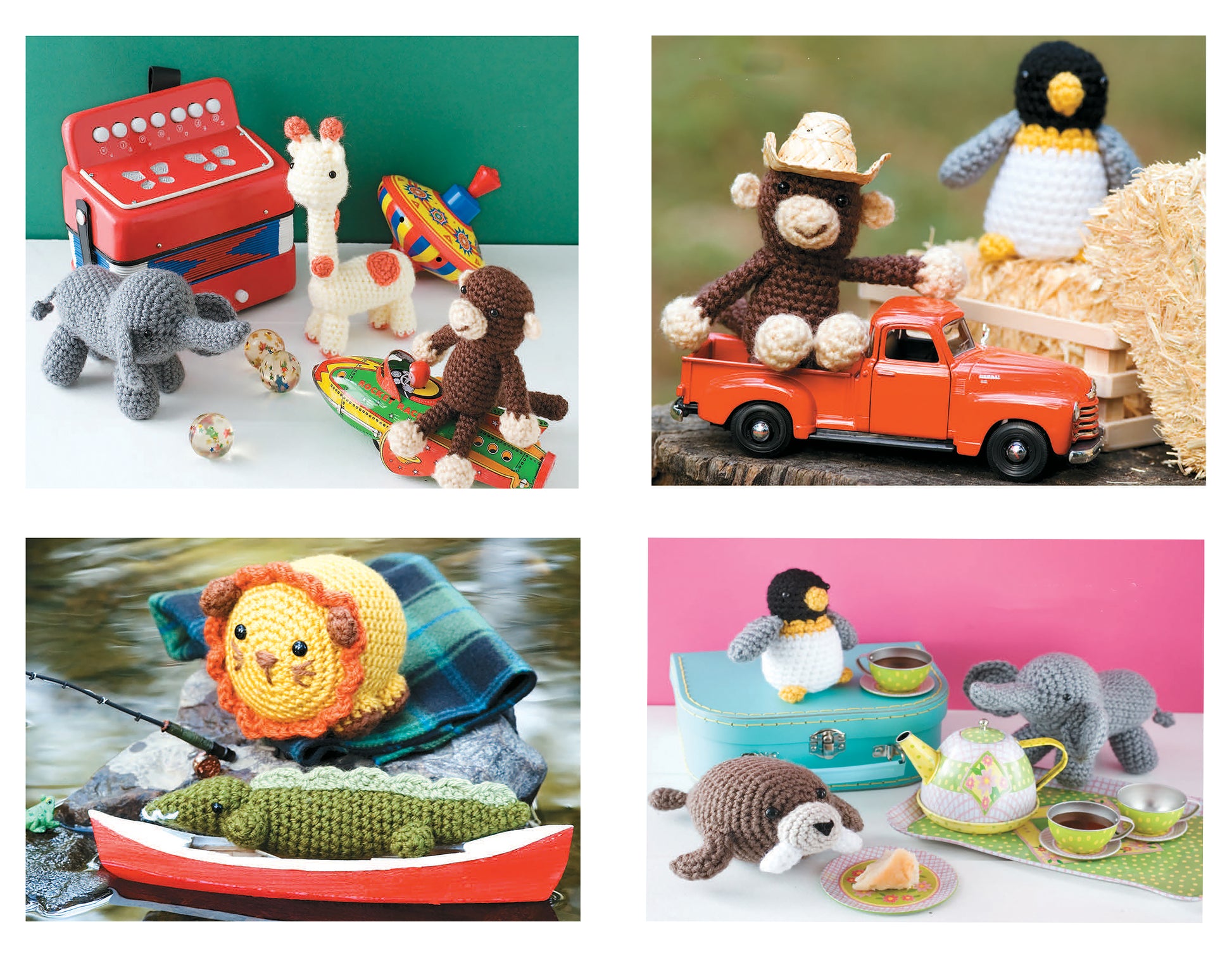 Four adorable amigurumi animals from Vanna’s Easy Crochet Critters by Leisure Arts: with a jukebox, in a toy truck, on a riverbank, and at a tea party. Perfect for beginner crochet!.