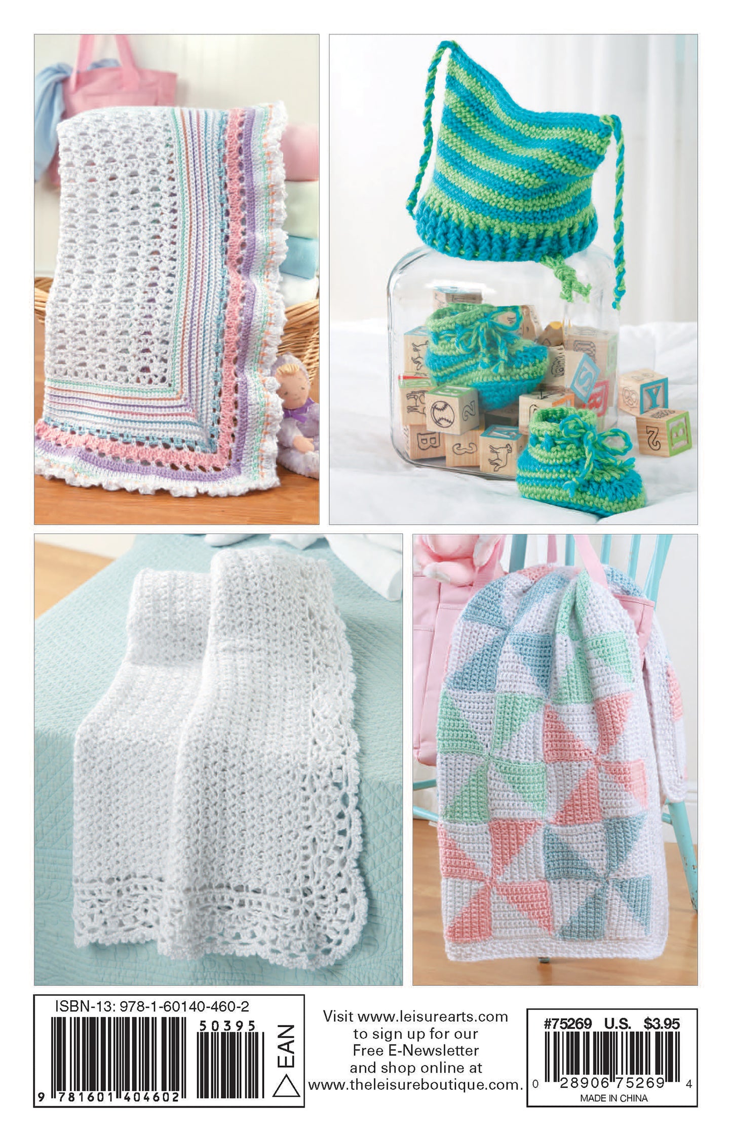 Four panels show pastel crochet designs from All For Baby!—6 Designs by Lori Markovic (Leisure Arts), featuring stripes, baby booties in a jar and bag, a textured white blanket, and a pink, blue, and green patchwork blanket.