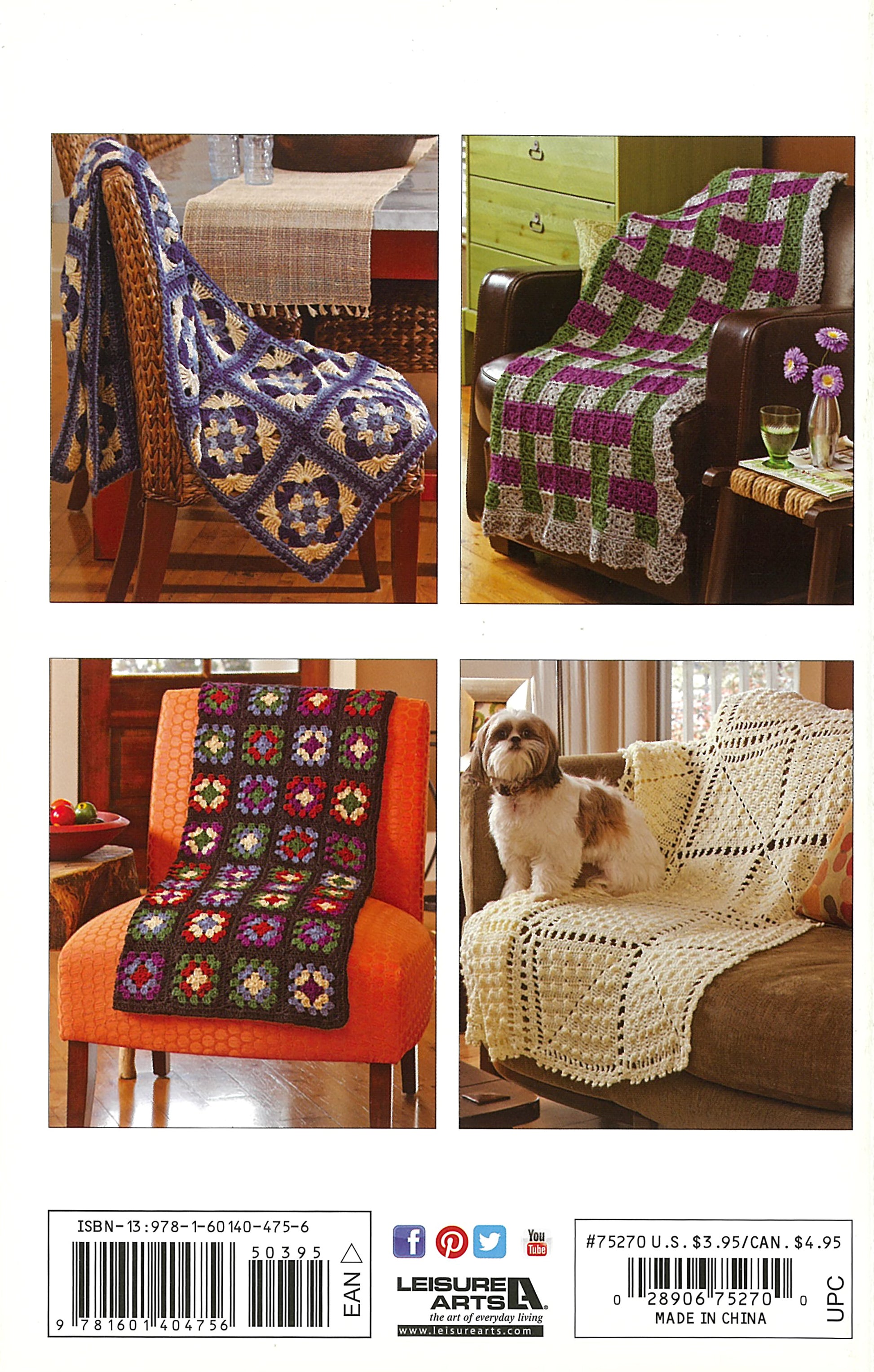Four photos from Leisure Arts’ Absolutely Afghans Crochet: a purple and white granny square blanket, a green and purple throw, a multicolored afghan on orange, and a cream Caron Simply Soft afghan with a small dog.