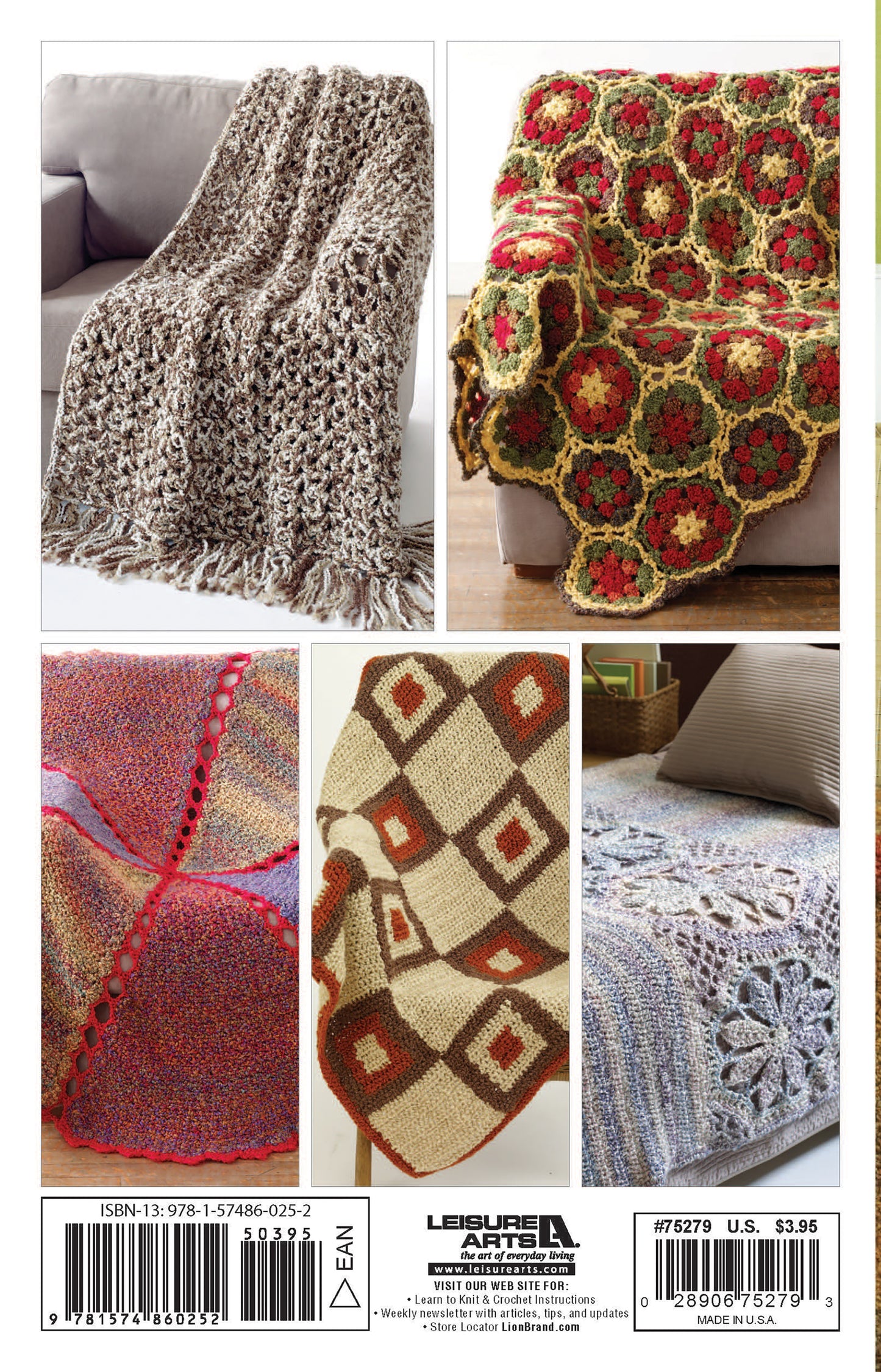 Five crocheted afghans from Great Warm-Ups by Leisure Arts, in assorted colors and patterns, are displayed on furniture to highlight their unique textures and cozy bulky yarn—perfect for warmth and style.