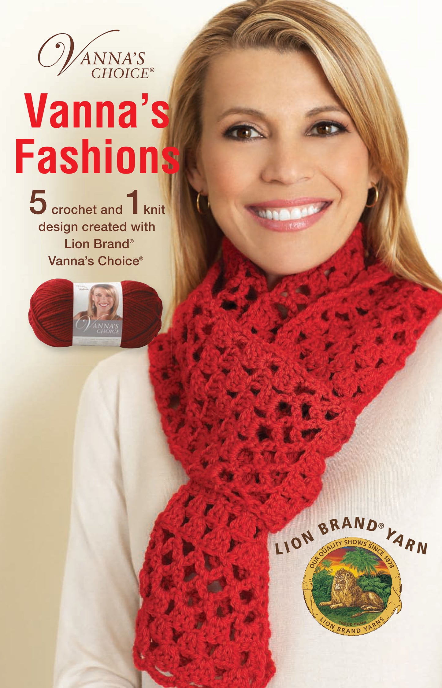 A smiling woman with long blonde hair wears a bright red crocheted scarf. Text reads "Vanna's Fashions of Knit & Crochet" by Leisure Arts, featuring crochet and knit patterns using easy-care yarn. Leisure Arts logo appears at the bottom.