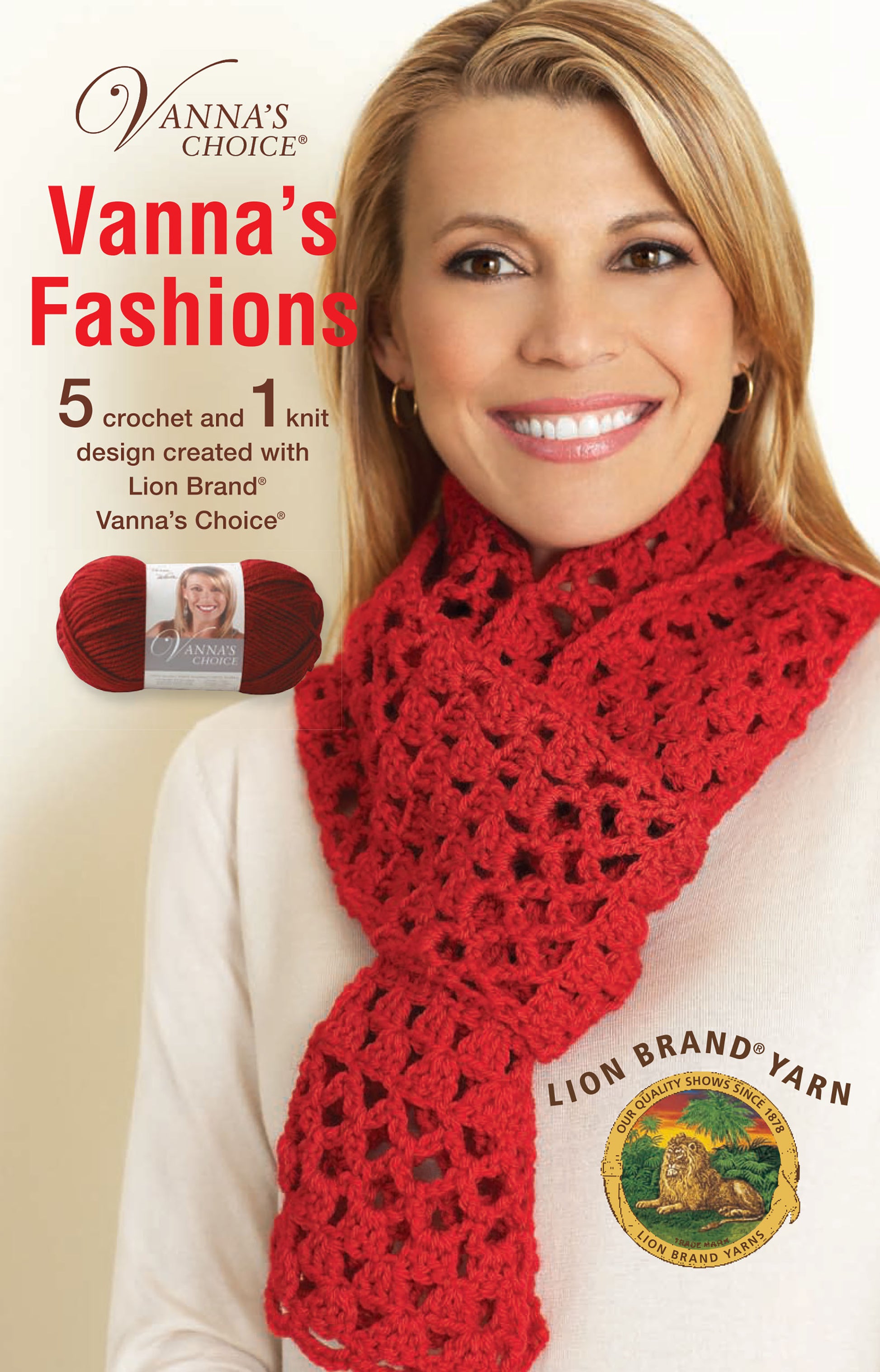 A smiling woman with long blonde hair wears a bright red crocheted scarf. Text reads "Vanna's Fashions of Knit & Crochet" by Leisure Arts, featuring crochet and knit patterns using easy-care yarn. Leisure Arts logo appears at the bottom.