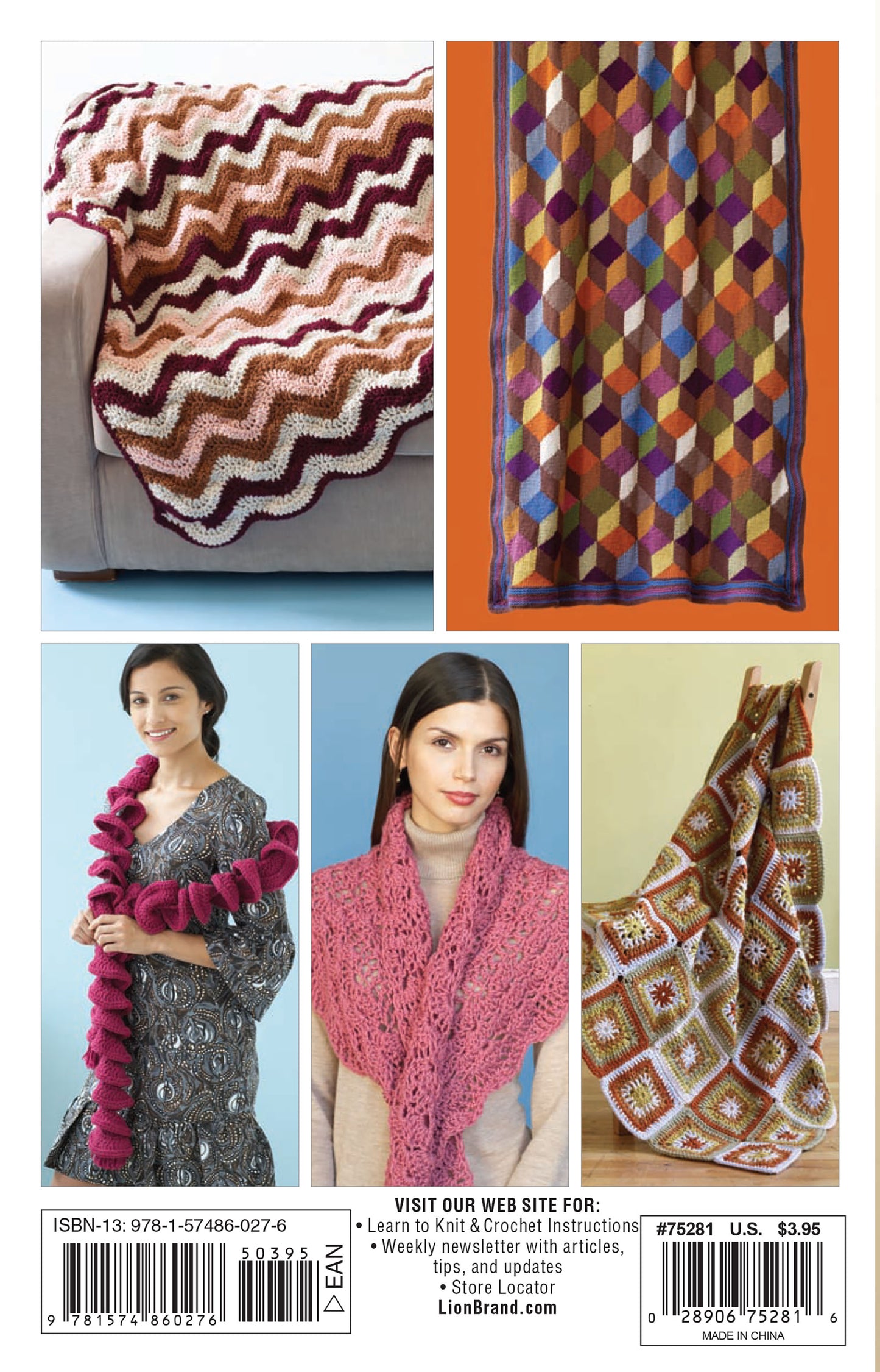 Vanna's Fashions of Knit & Crochet by Leisure Arts features five projects: two easy-care yarn blankets, a geometric scarf, a woman in a pink ruffled scarf, a lacy pink cowl, and a multicolored afghan.