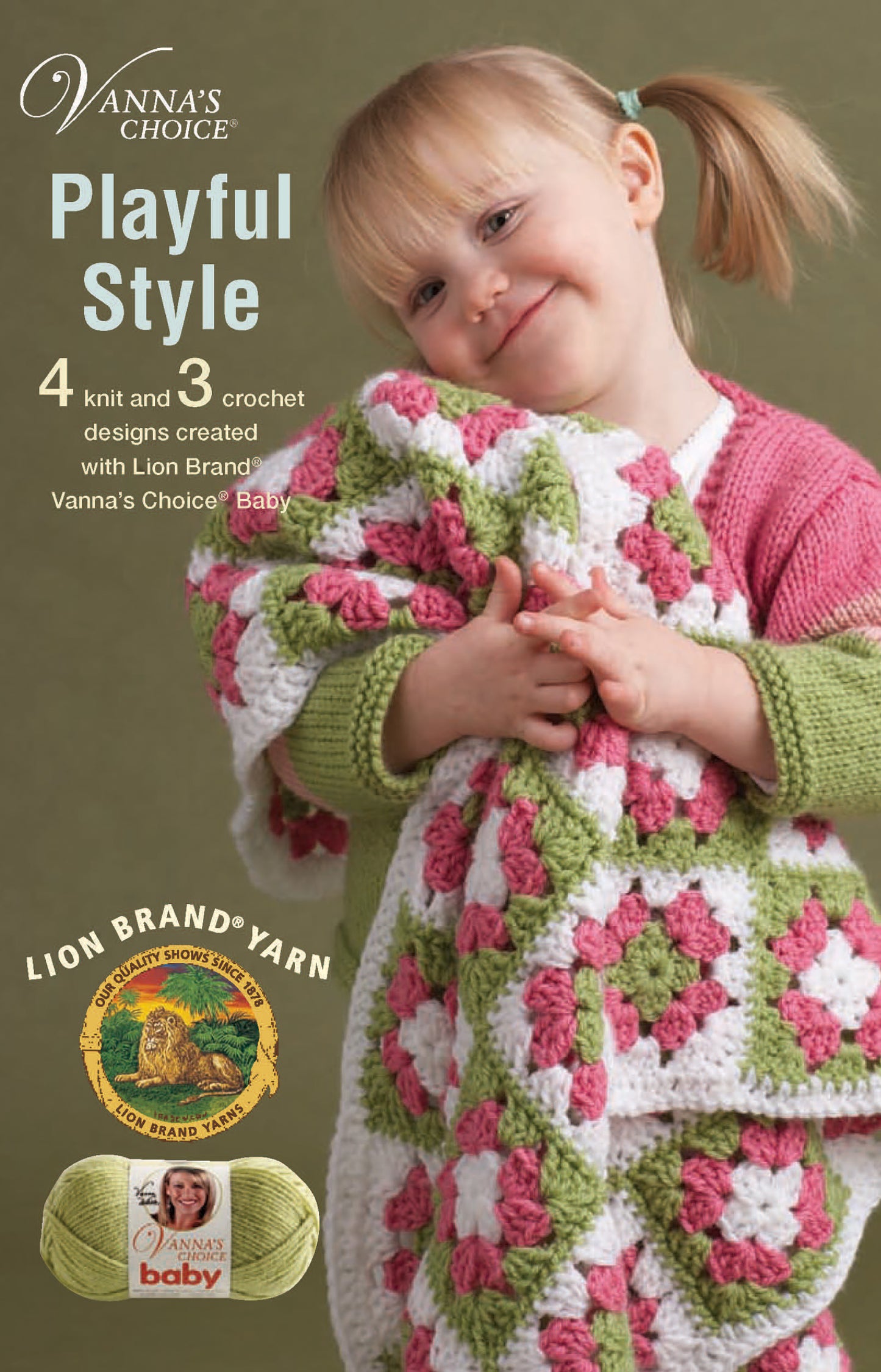 A young blonde girl smiles, hugging a crocheted pink, green, and white blanket. Overlaid text features Leisure Arts' Vanna's Choice Playful Style worsted yarn with skeins, knit and crochet designs, plus the Leisure Arts logo.