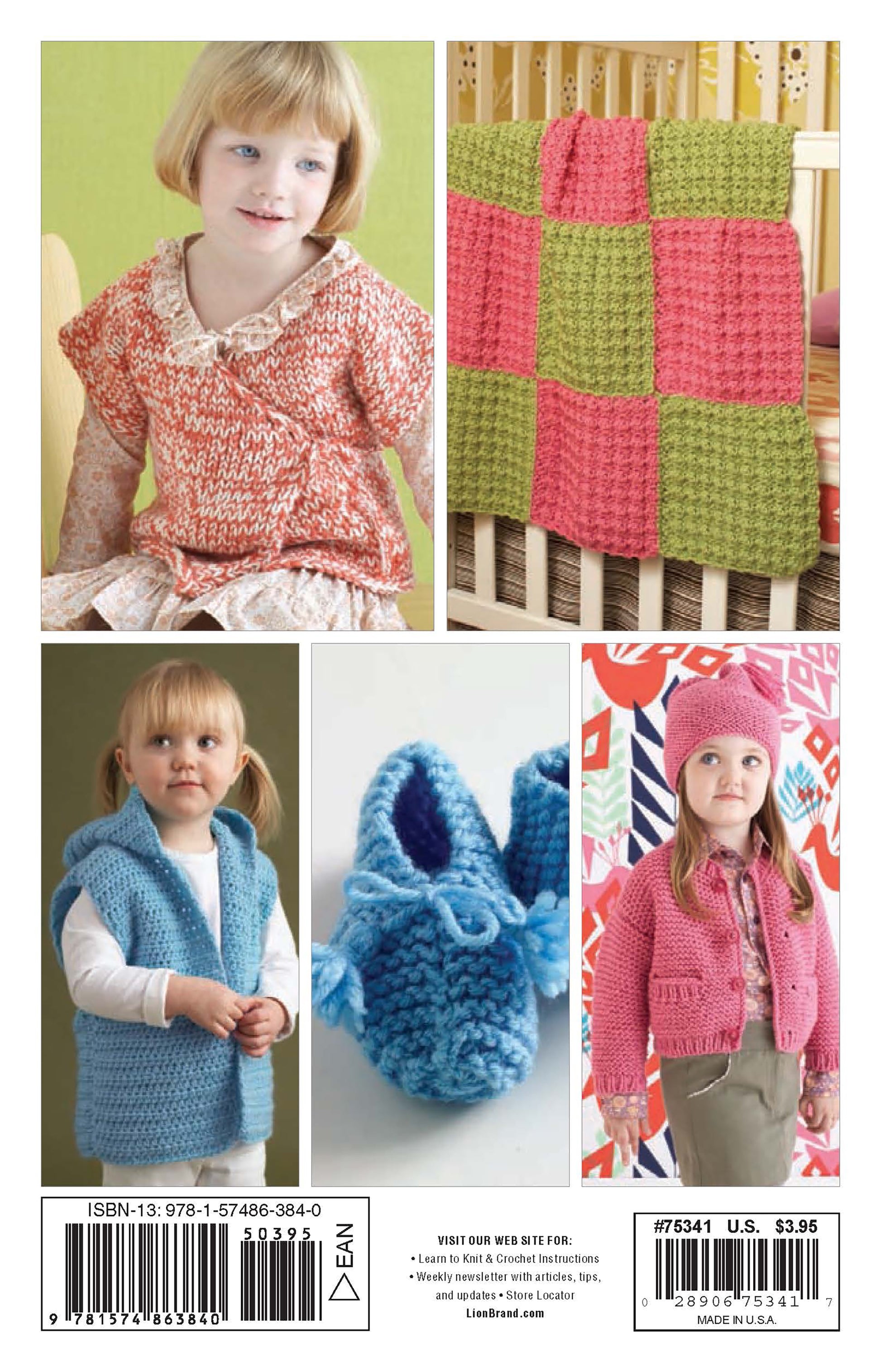 A collage for Leisure Arts’ Vanna's Choice Playful Style features: a child in a red and white knit top, green and pink checkerboard baby blanket, toddler in blue hooded vest, blue booties, and child in pink knit outfit.