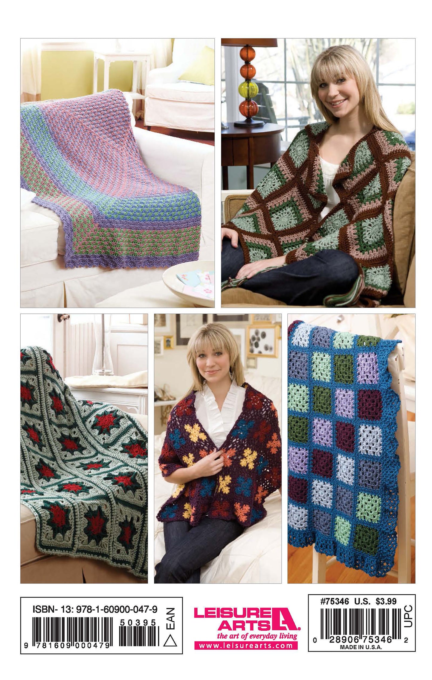 Five photos of women modeling vibrant crochet afghans and wraps made from granny squares in various patterns, displayed on sofas or worn. "Grannies Gone Wild" by Leisure Arts is ideal for beginner crochet projects. ISBN shown at bottom.