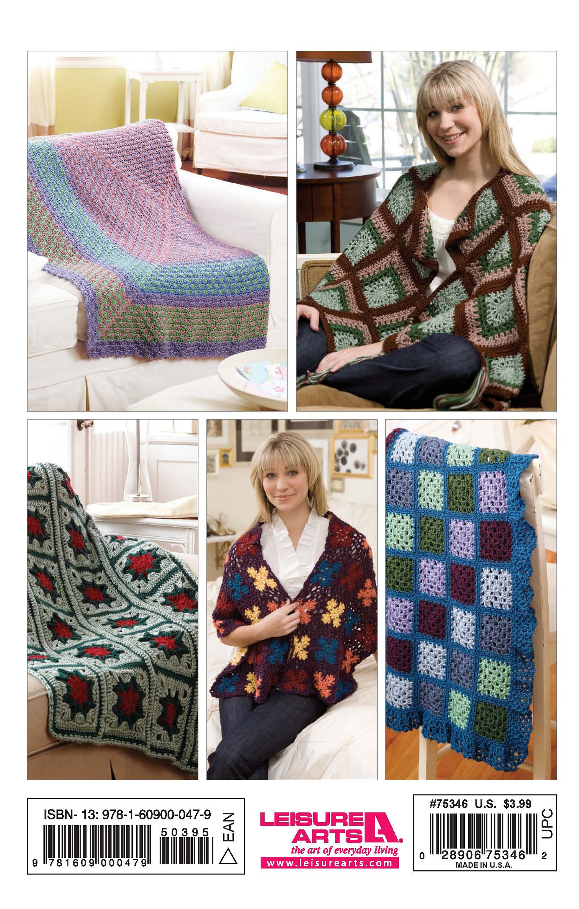 Five photos of women modeling vibrant crochet afghans and wraps made from granny squares in various patterns, displayed on sofas or worn. "Grannies Gone Wild" by Leisure Arts is ideal for beginner crochet projects. ISBN shown at bottom.