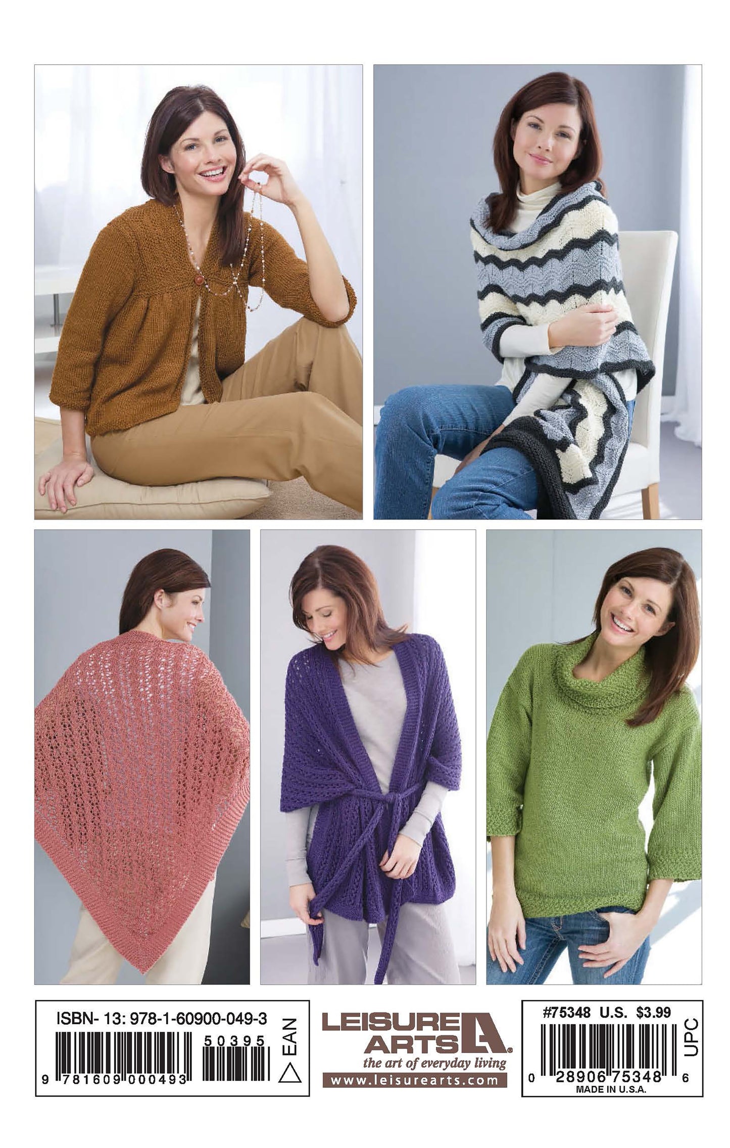 Five women model creative knitwear from Leisure Arts' Comfort Knits—6 Knit Designs; Caron Country, featuring a brown cardigan, black-and-white striped sweater, pink shawl, purple wrap, and green sweater. The Leisure Arts logo appears below.