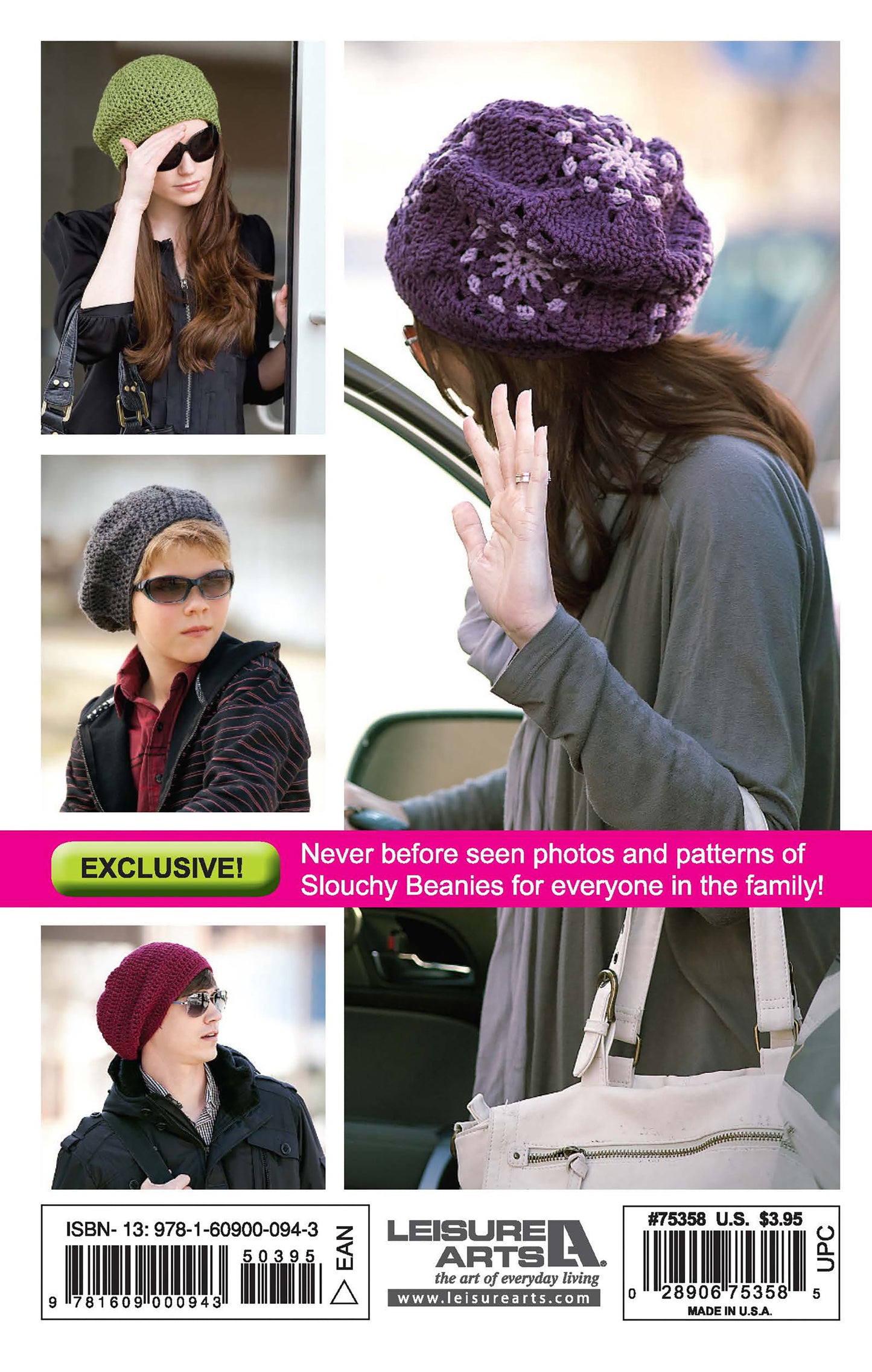 Four women wear green, purple, gray, and red Crochet Celebrity Slouchy Beanies for the Family by Leisure Arts. Outdoors, they display these stylish hats. Text highlights beginner-friendly crochet beanie patterns for adults and kids.