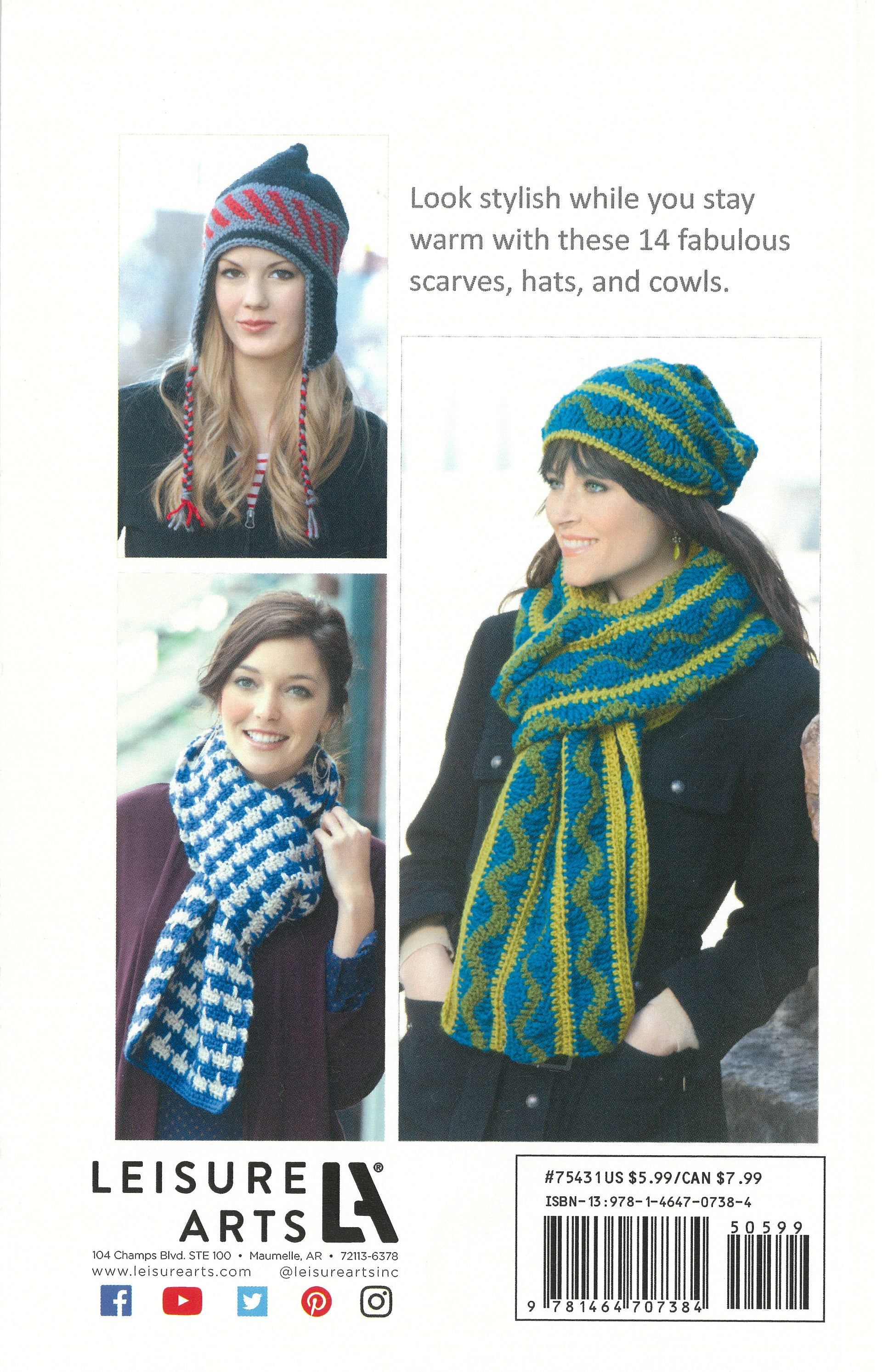 Three women model the Leisure Arts "Hats & Scarves" collection, wearing colorful crochet hats, scarves, cowls—including a gray-and-red braided hat and blue/white scarf—showcasing 14 vibrant patterns.