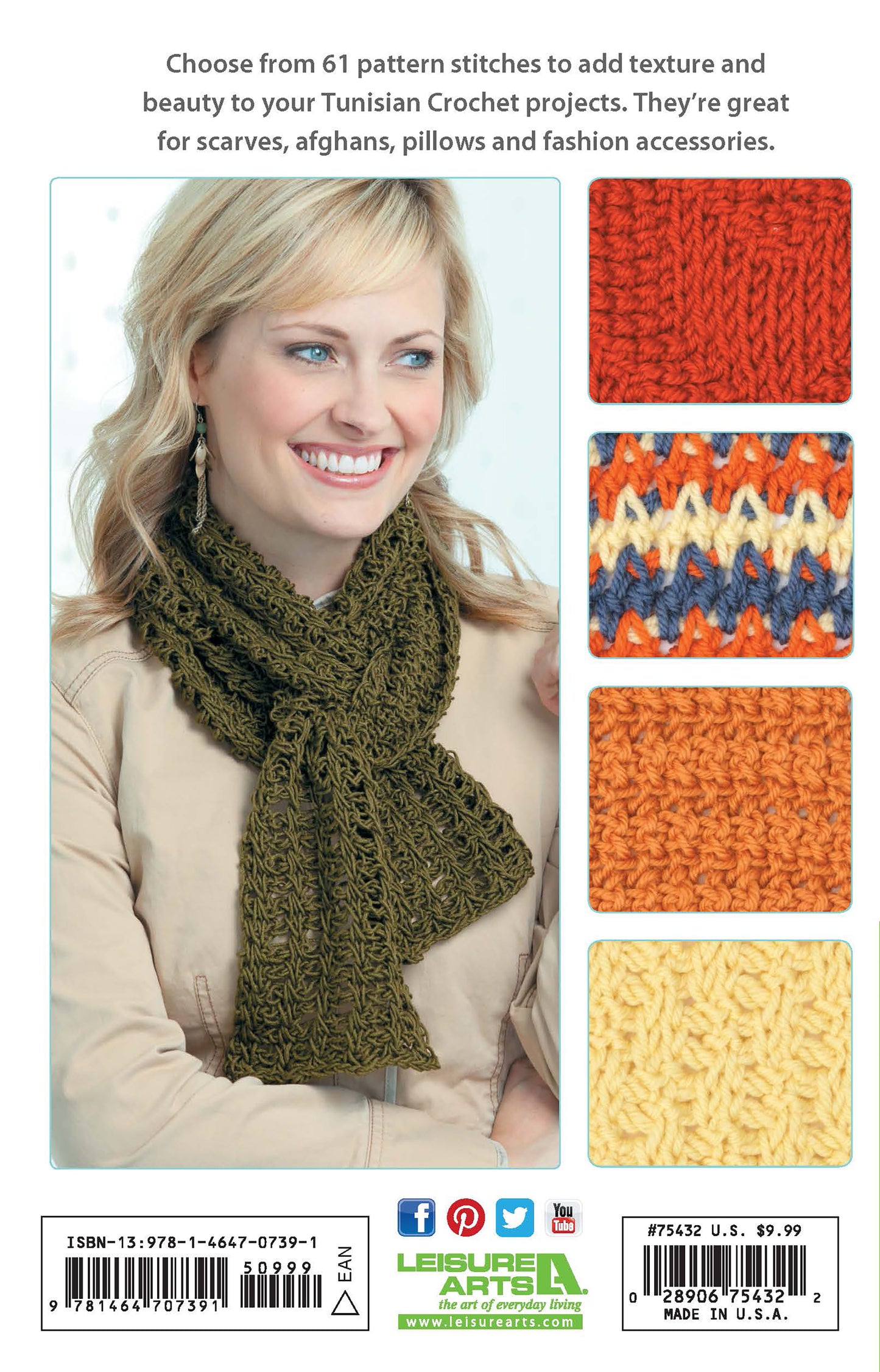 A woman wears an olive green scarf, a beginner project from Leisure Arts' Tunisian Crochet Stitch Guide Digital Download. Nearby are crochet swatches in orange, multicolored, and yellow. Text above highlights Tunisian Crochet projects.