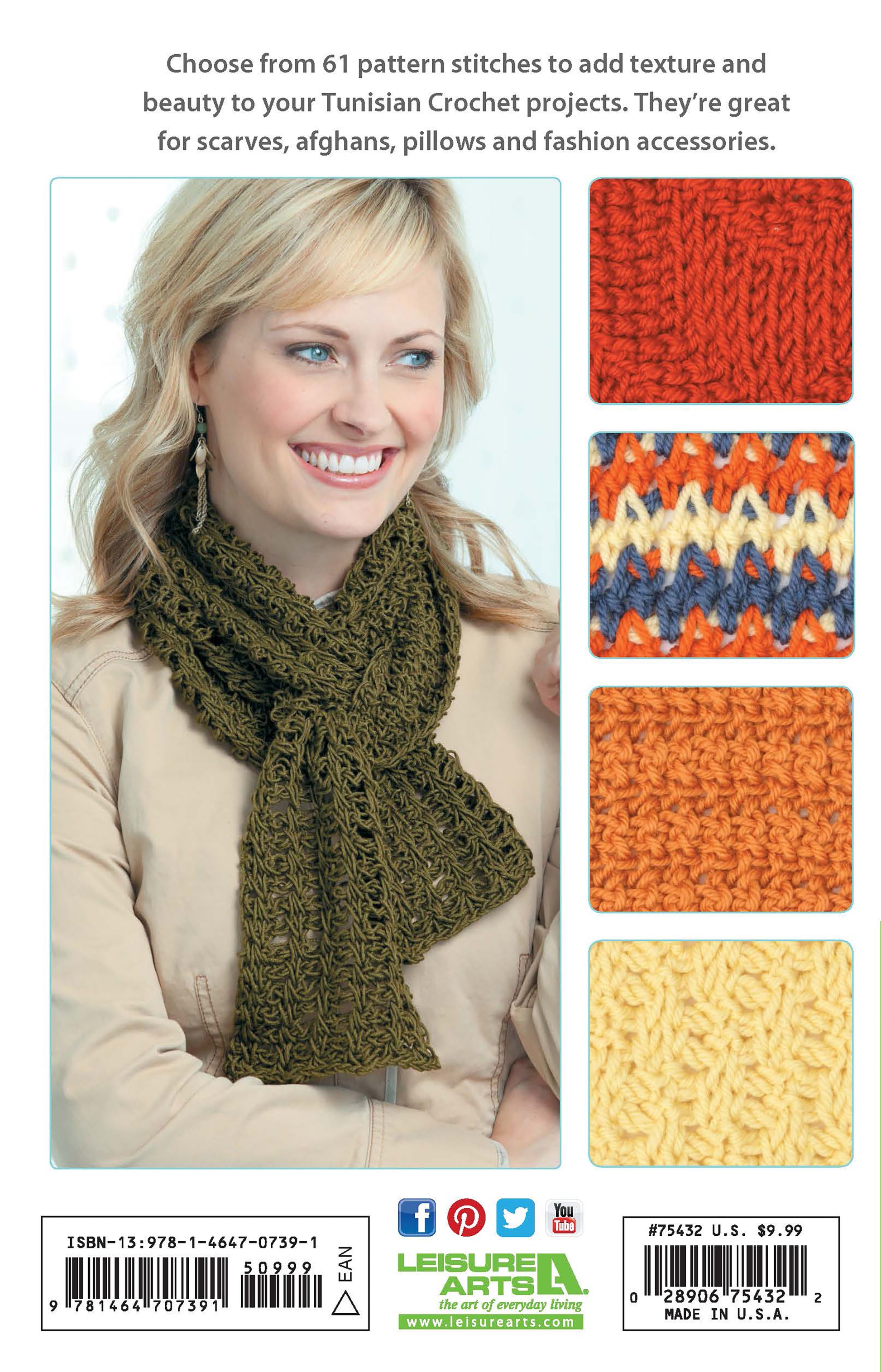 A woman wears an olive green scarf, a beginner project from Leisure Arts' Tunisian Crochet Stitch Guide Digital Download. Nearby are crochet swatches in orange, multicolored, and yellow. Text above highlights Tunisian Crochet projects.