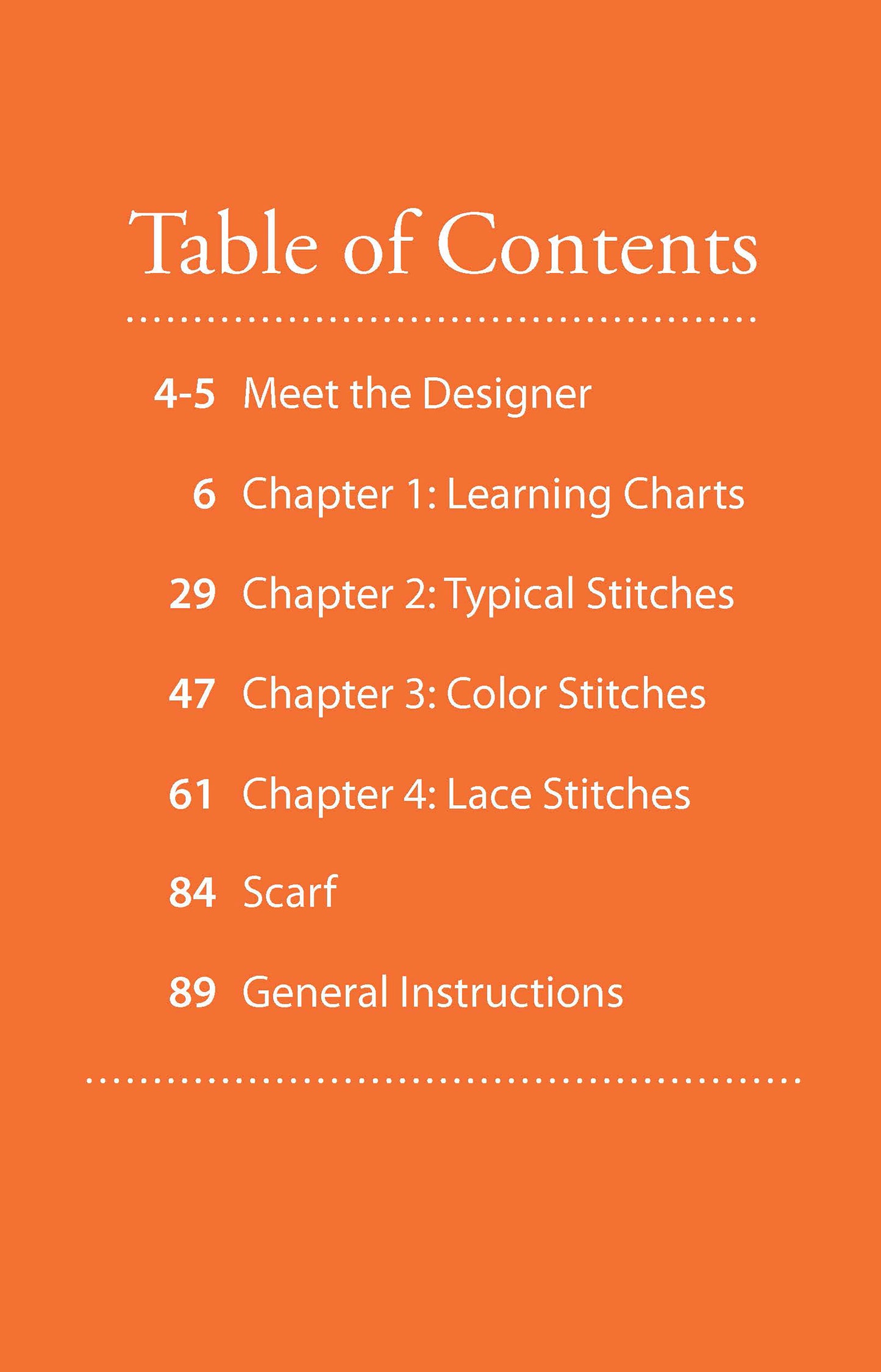 The Tunisian Crochet Stitch Guide Digital Download by Leisure Arts features an orange table of contents with sections: Meet the Designer, Beginner Crochet Tips, Learning Charts, Typical Stitches, Color Stitches, Lacework Stitches, Scarf Pattern, and General Instructions.