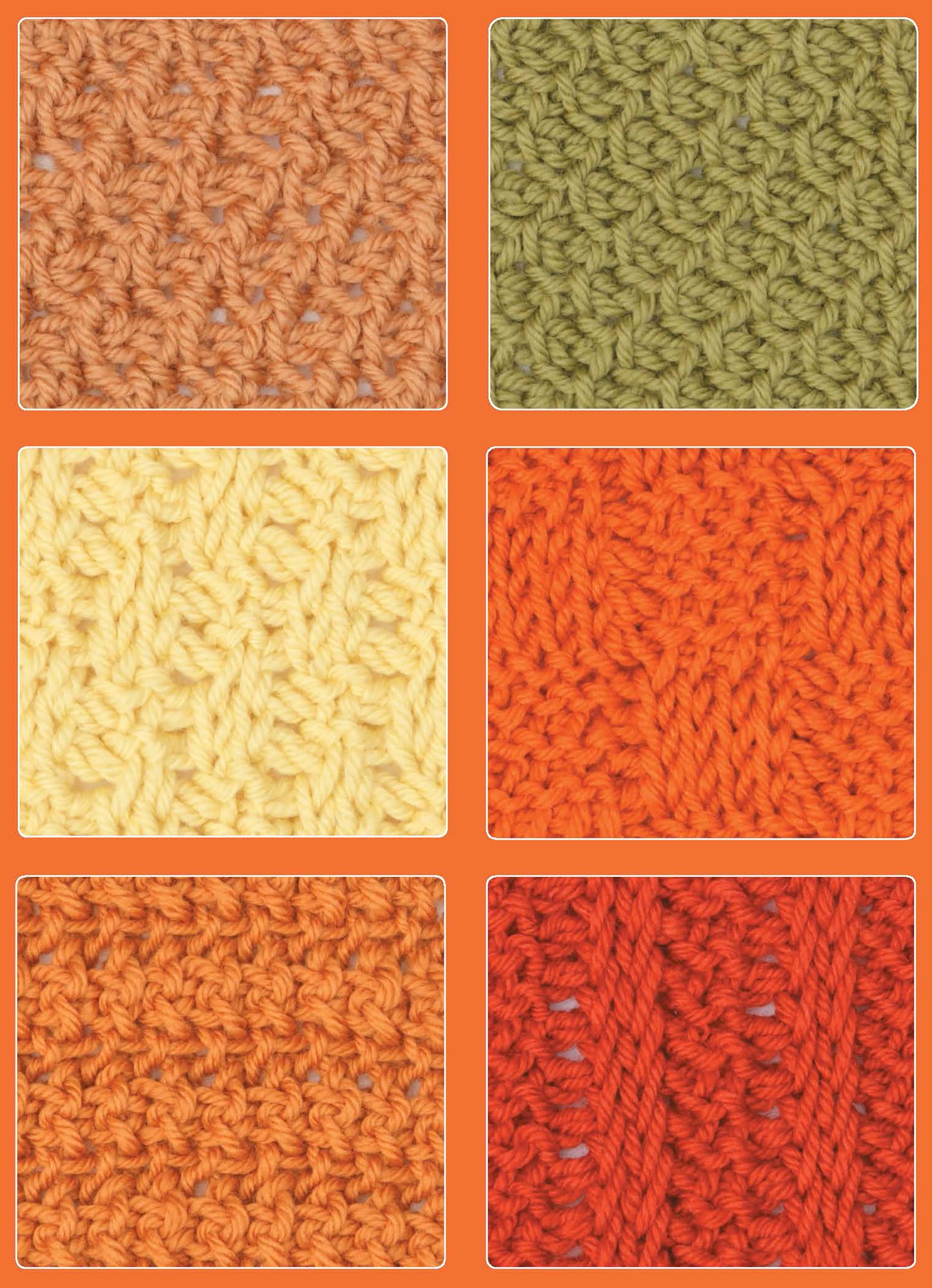 The Leisure Arts Tunisian Crochet Stitch Guide shows six squares featuring unique Tunisian crochet textures and stitches in brown, green, yellow, and orange, displayed in a grid atop an orange background.