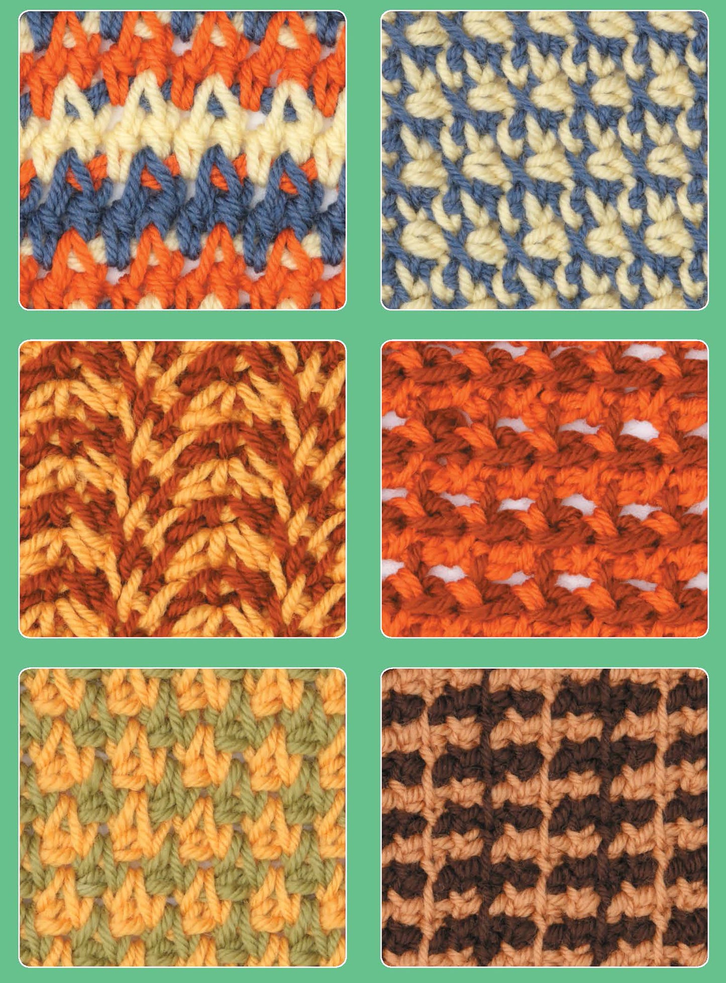 Six vibrant, textured Tunisian crochet swatches in various stitch patterns and colors are displayed in two rows of three on a mint background—a perfect preview of the Leisure Arts Tunisian Crochet Stitch Guide for beginners.