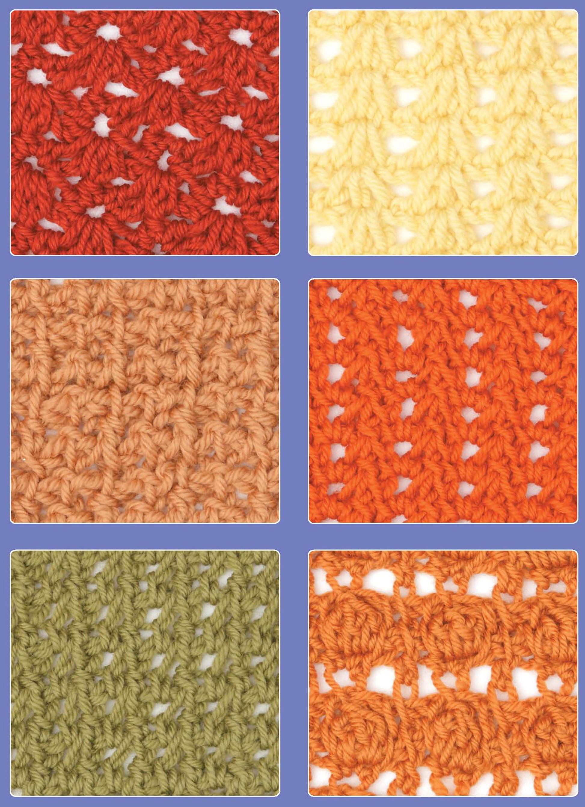 Six colorful Tunisian crochet swatches from the Leisure Arts "Tunisian Crochet Stitch Guide Digital Download" display unique textures in a 2x3 grid with a light blue border—perfect inspiration for your next beginner project.