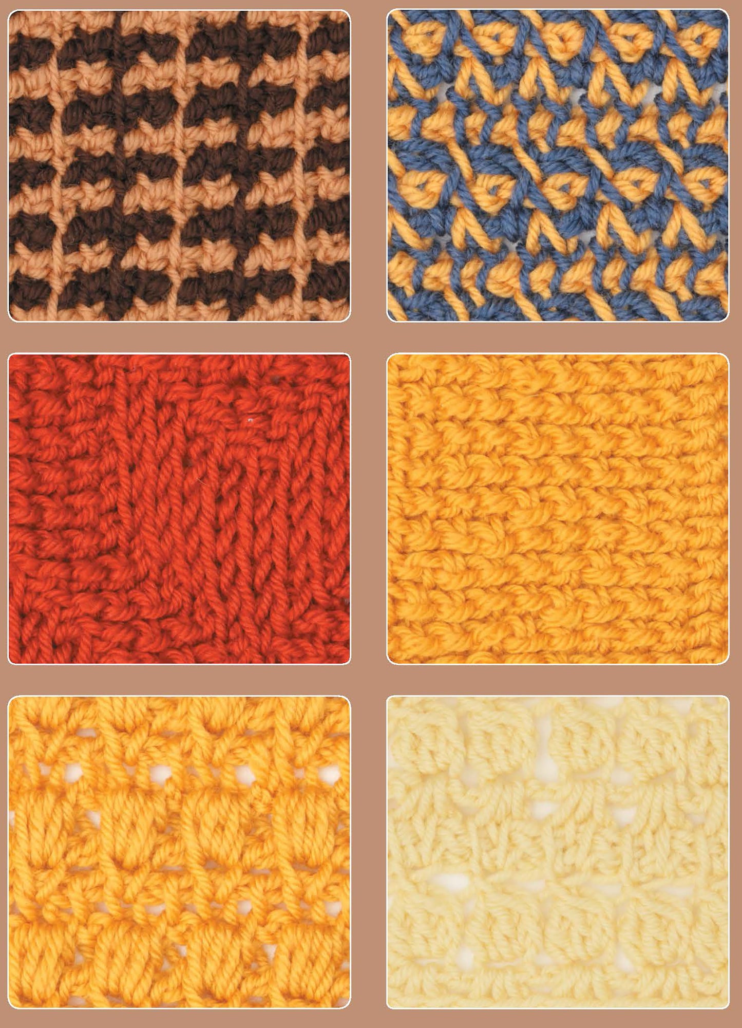 Six close-up squares in brown, blue, red, yellow, orange, and cream yarn show unique Tunisian crochet textures—featured in the Leisure Arts Tunisian Crochet Stitch Guide—for beginner-friendly stitch reference and scarf inspiration.