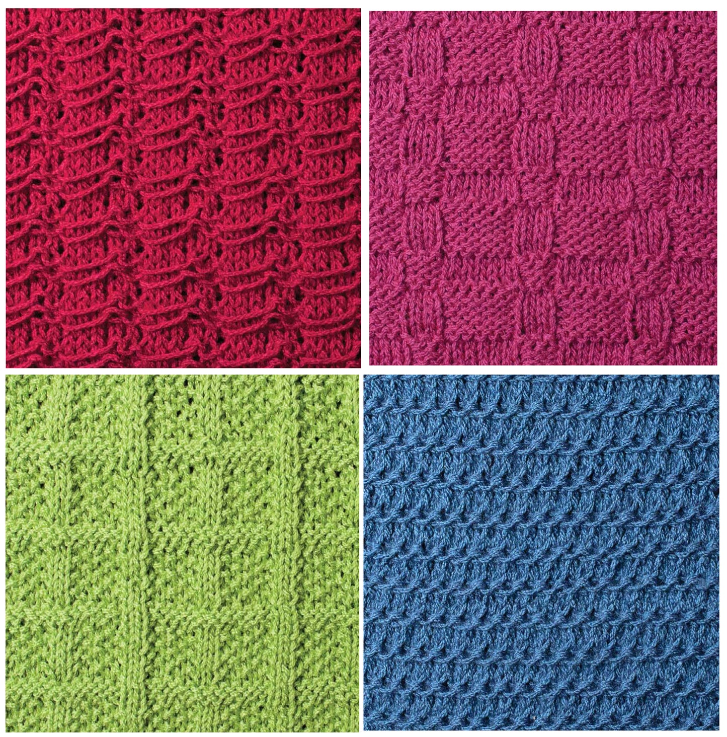 The Knit Stitch Guide by Leisure Arts showcases four knitted fabric swatches in red, pink, green, and blue with unique vertical, block, and wave stitch patterns—ideal inspiration for all skill levels exploring new designs.
