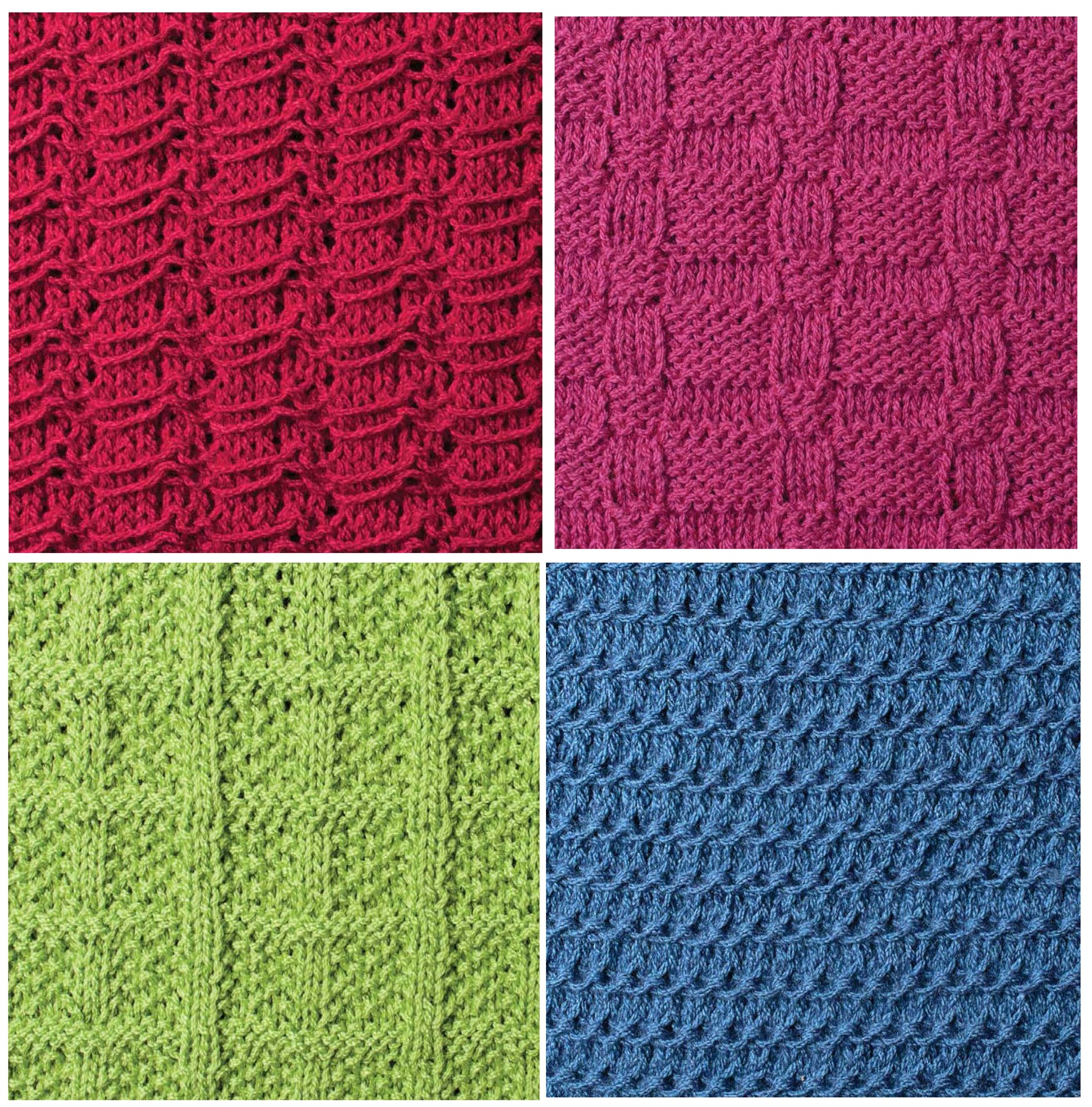 The Knit Stitch Guide by Leisure Arts showcases four knitted fabric swatches in red, pink, green, and blue with unique vertical, block, and wave stitch patterns—ideal inspiration for all skill levels exploring new designs.