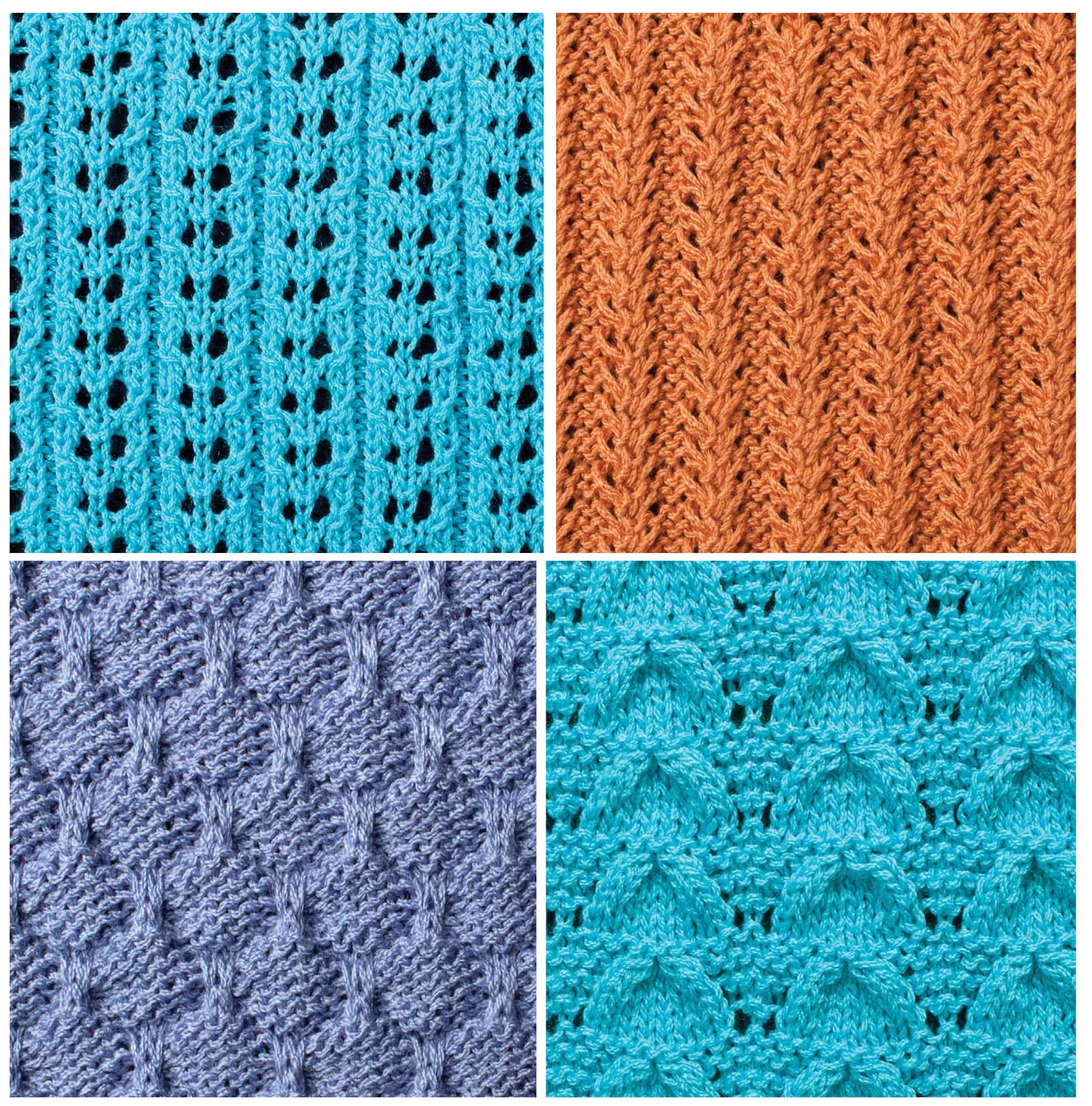 The Knit Stitch Guide by Leisure Arts features a collage of four knitted swatches in blue, orange, gray, and teal, each showcasing unique textured patterns ideal for knitters of all skill levels.