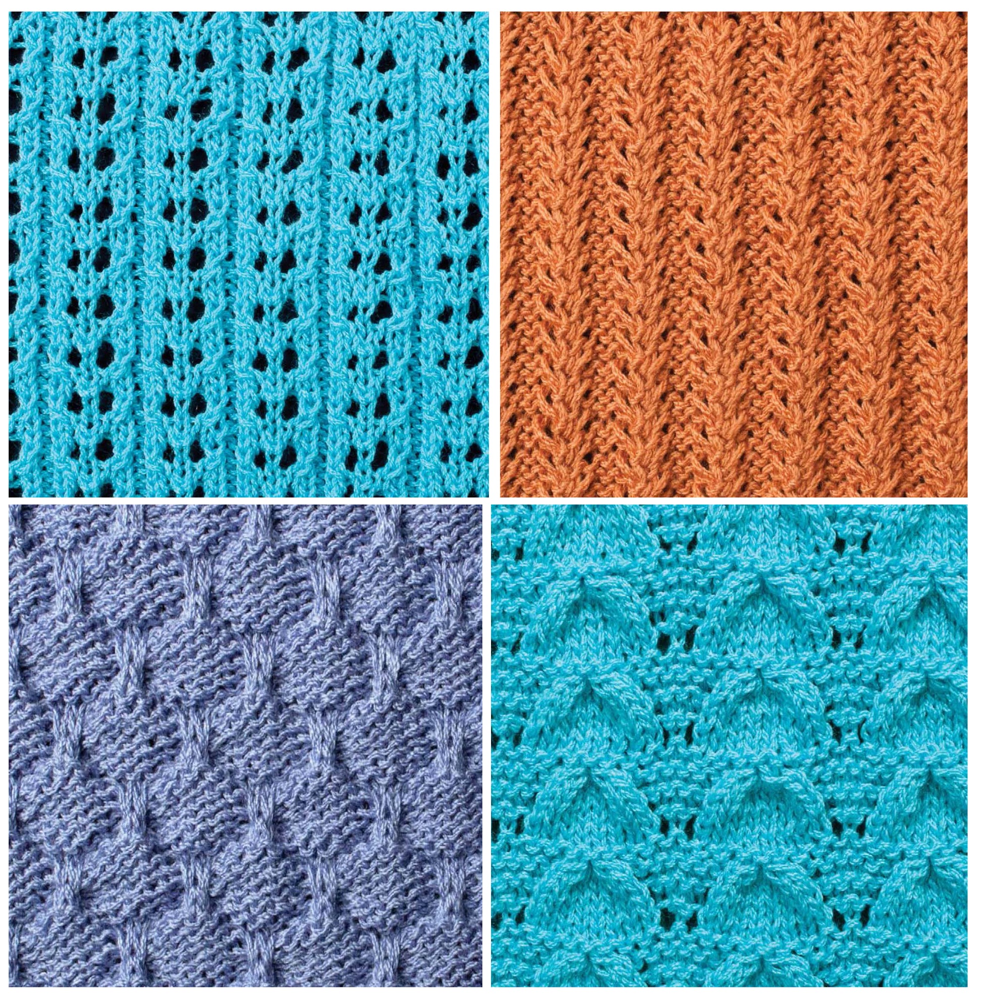 The Knit Stitch Guide by Leisure Arts features a collage of four knitted swatches in blue, orange, gray, and teal, each showcasing unique textured patterns ideal for knitters of all skill levels.