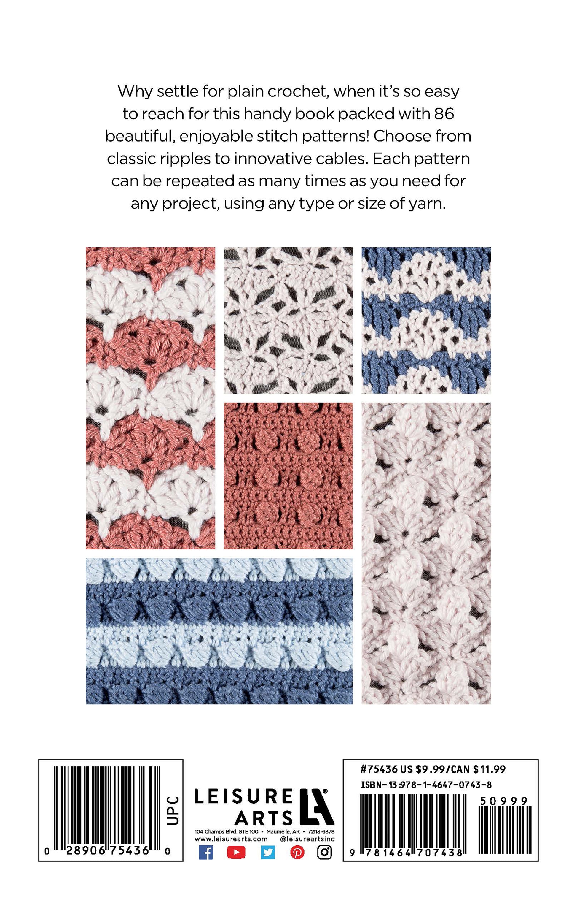Back cover of the Crochet Stitch Guide Digital Download by Leisure Arts features six grid-arranged photos showing crochet stitch patterns in pink, white, and blue. Top text describes beginner-to-advanced guidance with a terminology guide; publisher and barcode below.