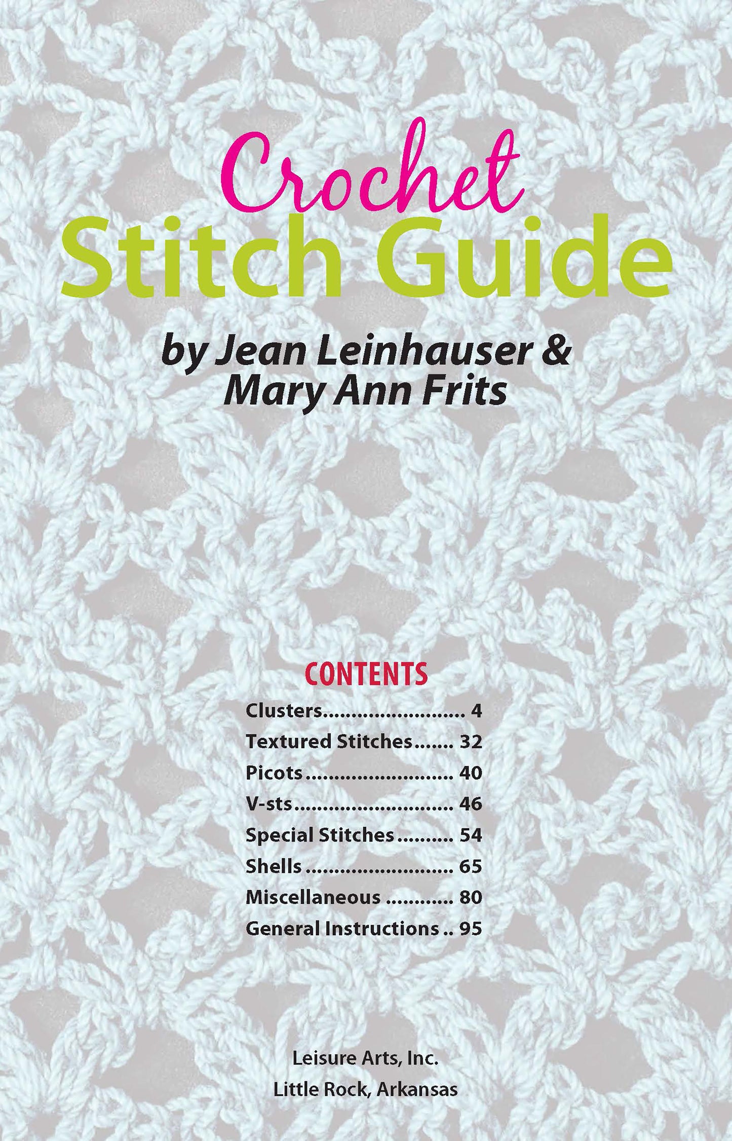 Leisure Arts Crochet Stitch Guide Digital Download cover features a light blue crochet pattern and table of contents listing beginner to advanced stitch patterns with page numbers.