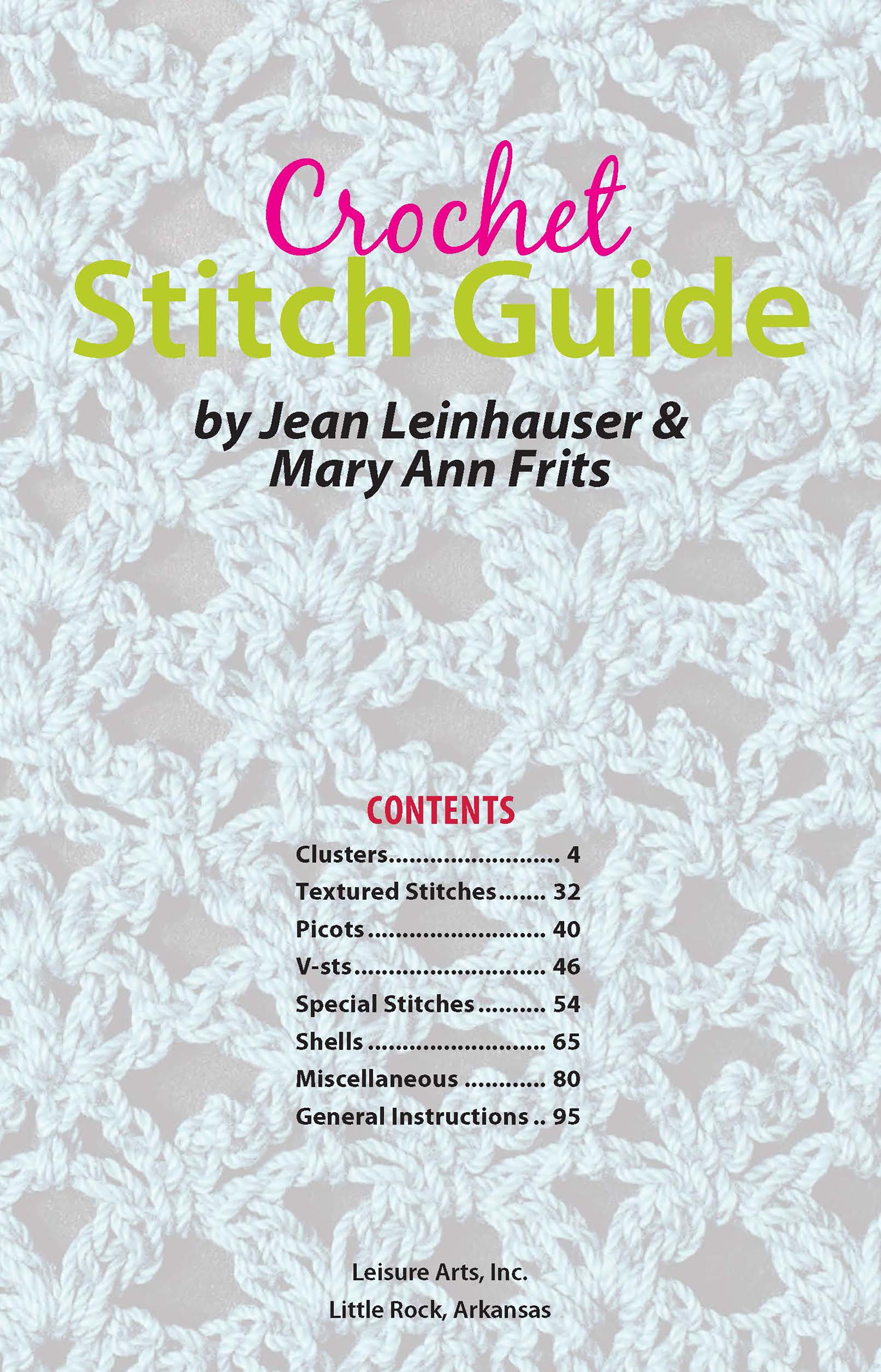 Leisure Arts Crochet Stitch Guide Digital Download cover features a light blue crochet pattern and table of contents listing beginner to advanced stitch patterns with page numbers.