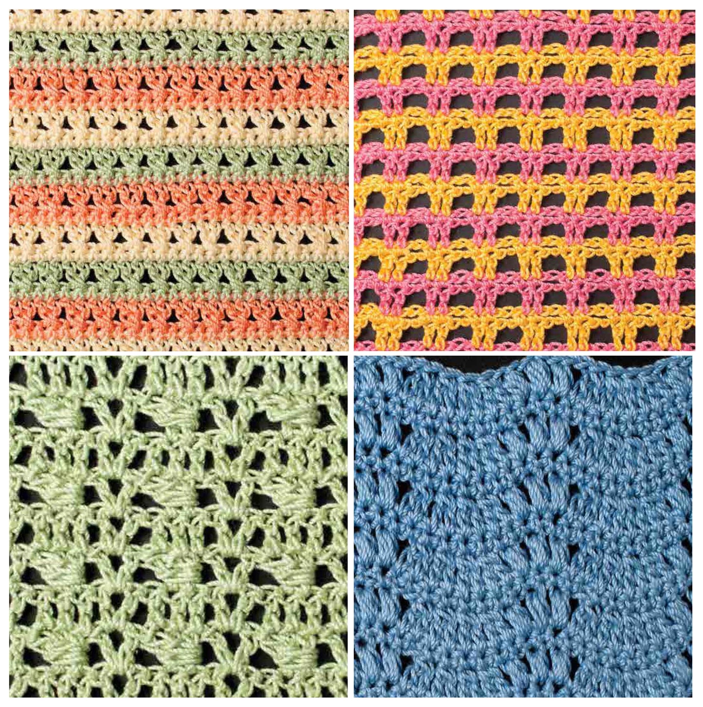 The Crochet Stitch Guide Digital Download by Leisure Arts features a collage of four crochet stitch patterns—pastel stripes, yellow and pink grid, green lace, and textured blue—ideal for all skill levels as a handy reference.