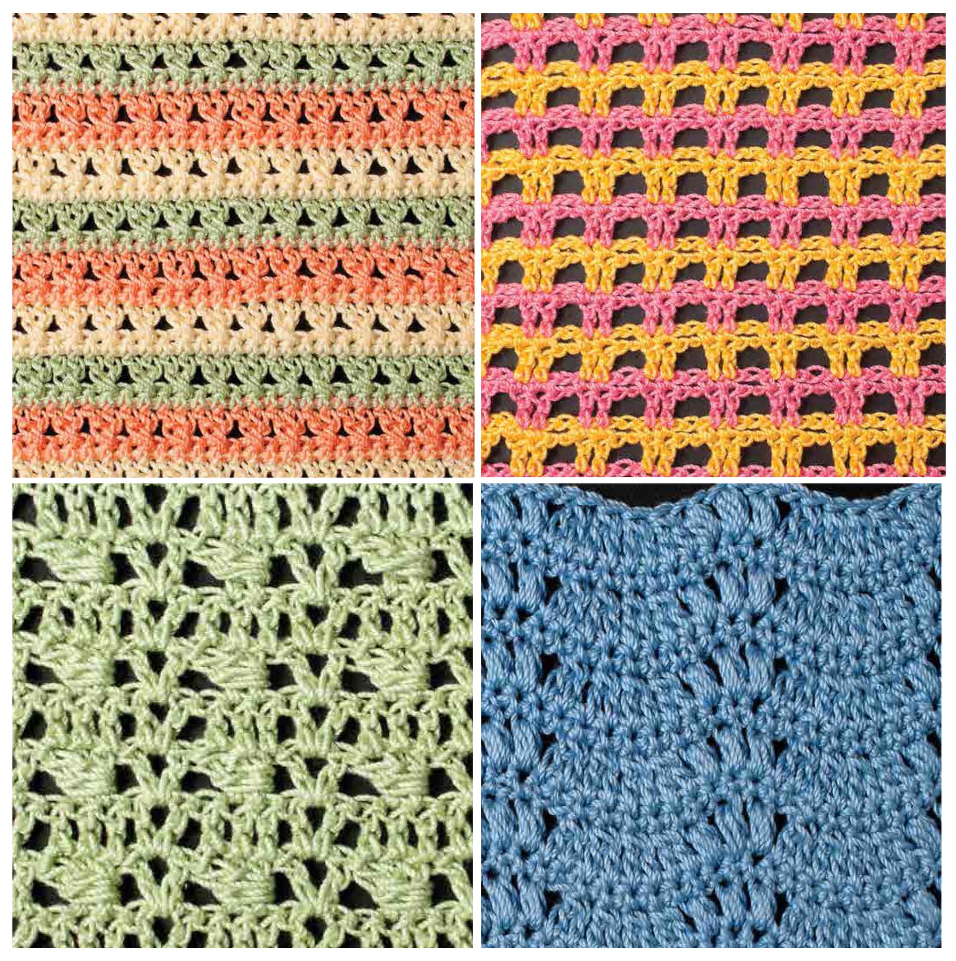 The Crochet Stitch Guide Digital Download by Leisure Arts features a collage of four crochet stitch patterns—pastel stripes, yellow and pink grid, green lace, and textured blue—ideal for all skill levels as a handy reference.