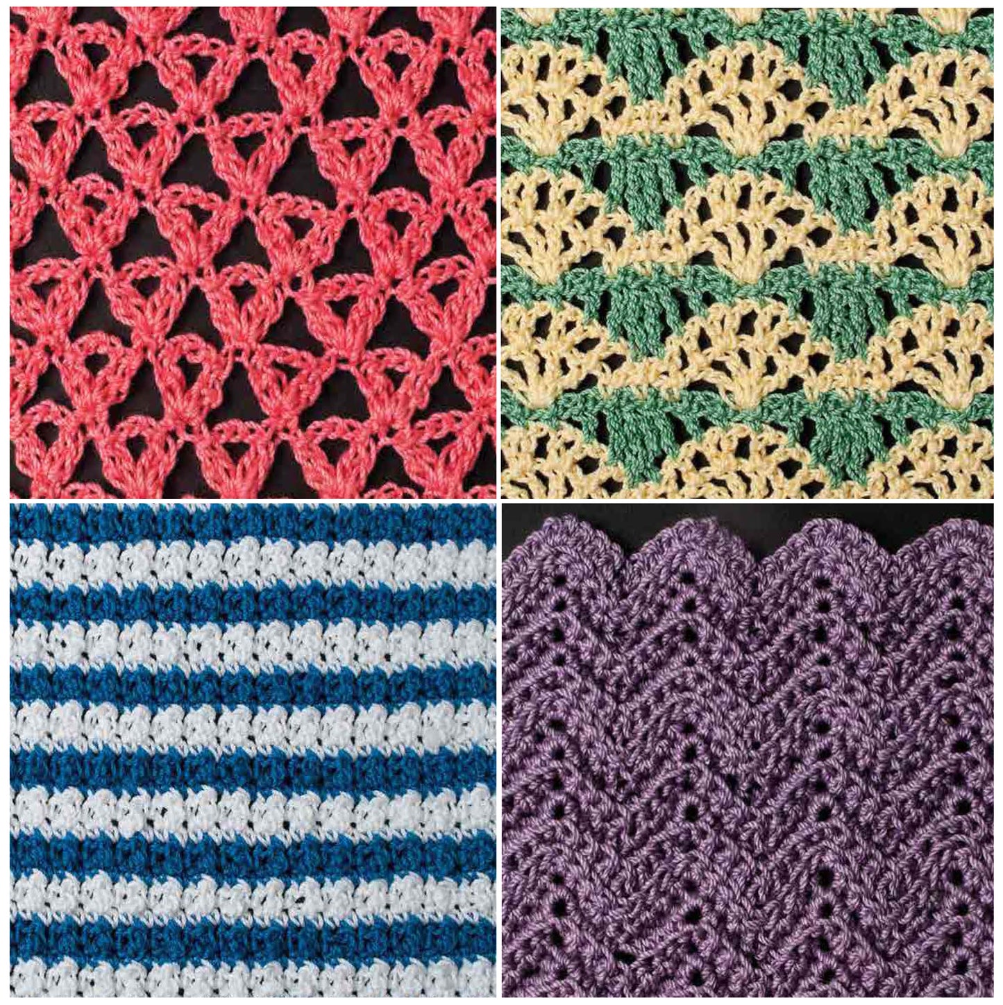The Leisure Arts Crochet Stitch Guide Digital Download features close-up squares of pink triangles, yellow-green fans, blue-white stripes, and purple scallops—perfect for crochet inspiration from beginner to advanced projects.