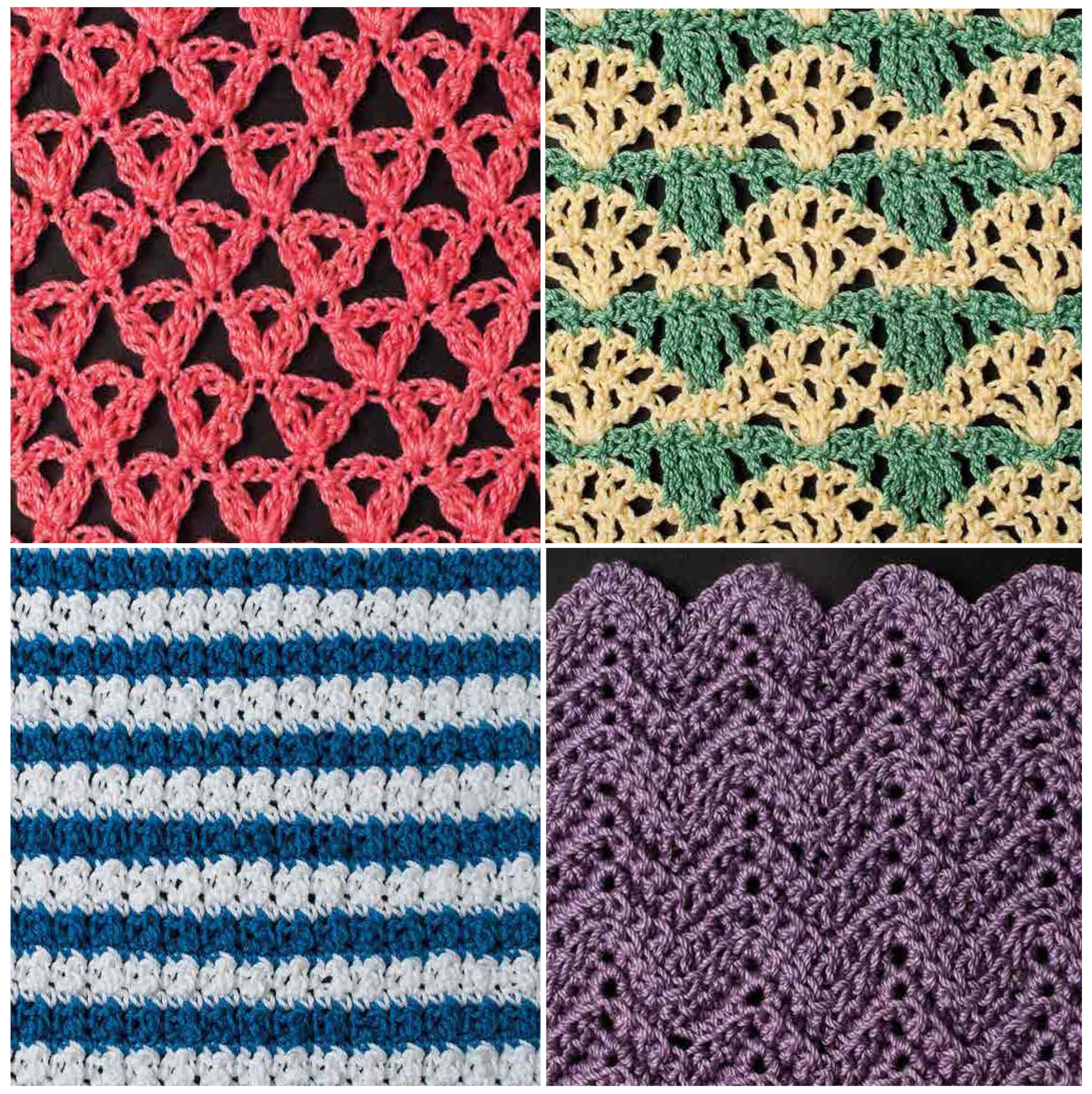 The Leisure Arts Crochet Stitch Guide Digital Download features close-up squares of pink triangles, yellow-green fans, blue-white stripes, and purple scallops—perfect for crochet inspiration from beginner to advanced projects.