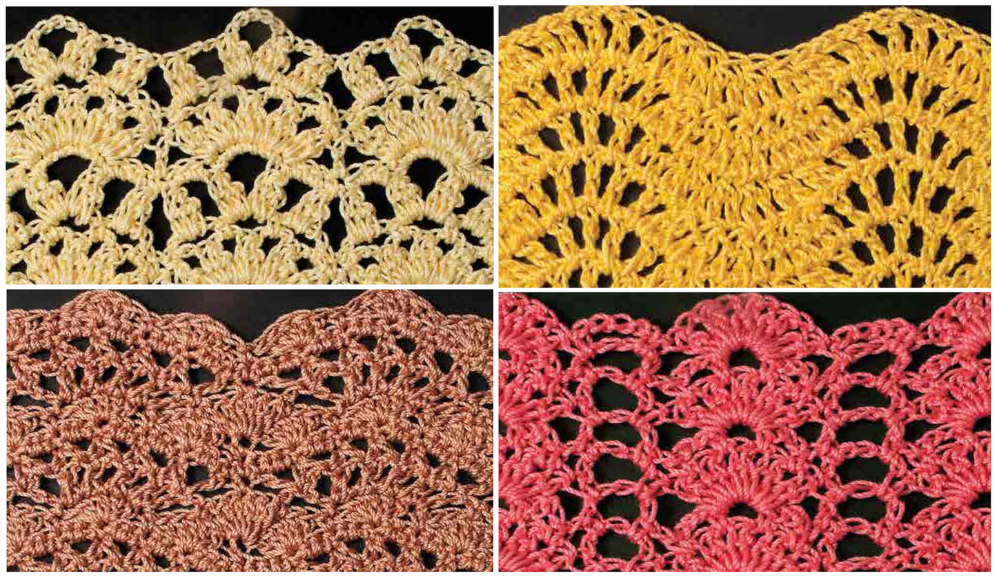 A collage of four close-up images from the Leisure Arts Crochet Stitch Guide Digital Download showcases cream, yellow, light brown, and pink crochet lace patterns with intricate scalloped fan-shaped stitches on a black background.